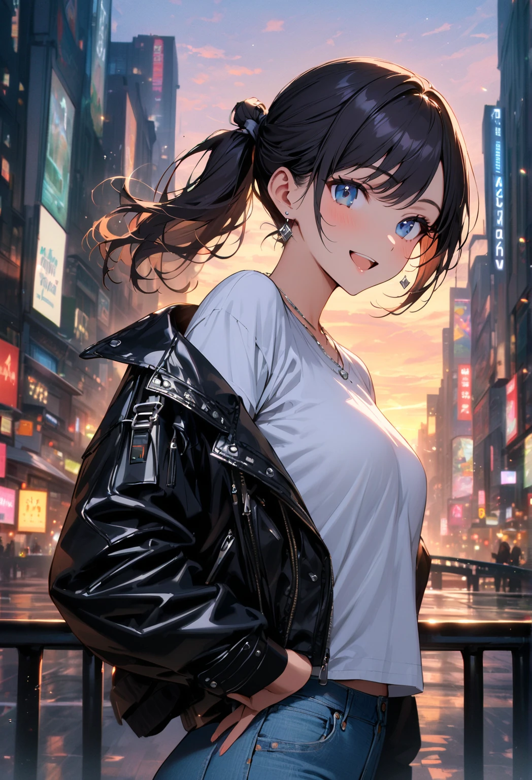 Cinema Lighting、(Key Light:Front 45 degree angle, Subsidy light、Backlight、Shadow、Blue and orange color palette), Accurate human body、Someone knowledgeable、Correct five-finger、RAW Photos、 4K - ultra-vivid、highest quality, masterpiece, Ultra-high resolution, (reality: 1.4),
((Big Breasts)),
(((Oilskin,Glowing Skin、reality skin texture、Beautiful skin in every detail、Shiny skin、Shiny skin)))、
Upper Body Shot, Low camera angle, Written boundary depth, Focus on the center, Beautiful Eyes, Perfect face and eyes、
Super Resolution,
(reality:1.3),
(1 slim girl), Stylish girl, fashion,
(Wicked Smile),
(slim) thigh,
Earrings,
(Black T-shirt), (Loose-fitting cargo pants),
gravure,
night、Street after the rain、Diffuse reflection of light