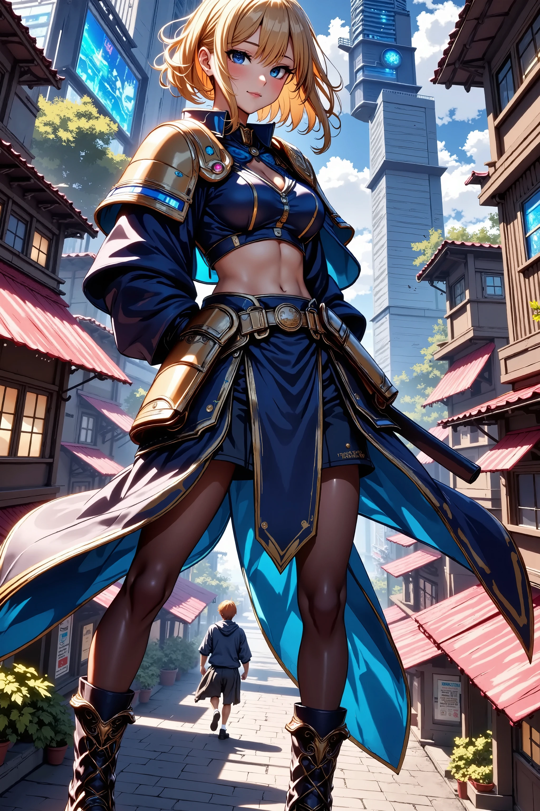 An uninouchi overlooking the town、 Japanese Knife 、Sengoku Warlord Armor、glossy brown skin, small breasts, video, yellow hair, inviting, top quality, textured skin, thin legs, high heels, movie light effect, Mountain top, Big city night view 