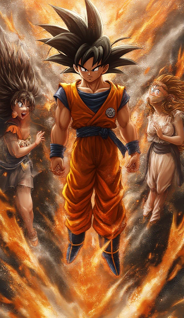  Fusion of GOKU and Pretty Girls 、 energy、Orange vest、Black Hair、 camera angle above thigh、Cloth Arm Wraps 、null、 Dynamic Poses、Kamehameha