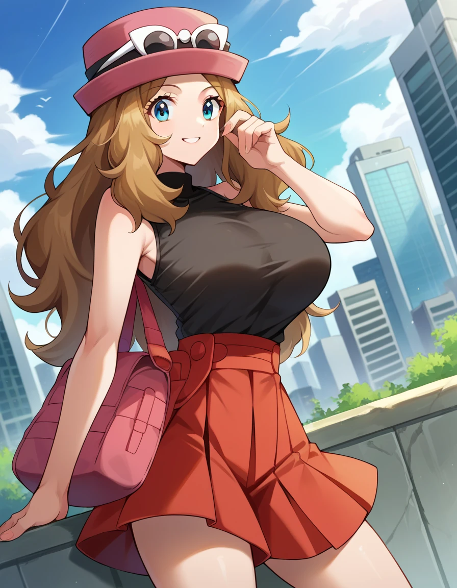 score_9, score_8_up, score_7_up, source_anime,
pokemonserena, serena, long hair, blue eyes, brown hair, smile,
eyewear on head, hat, skirt, sunglasses, shirt, black shirt, sleeveless, red skirt, pink hat,
outdoors, cityscape,
looking at viewer, cowboy shot, dutch angle, large breasts, curvy, sexy, no bra under shirt, bigger breasts