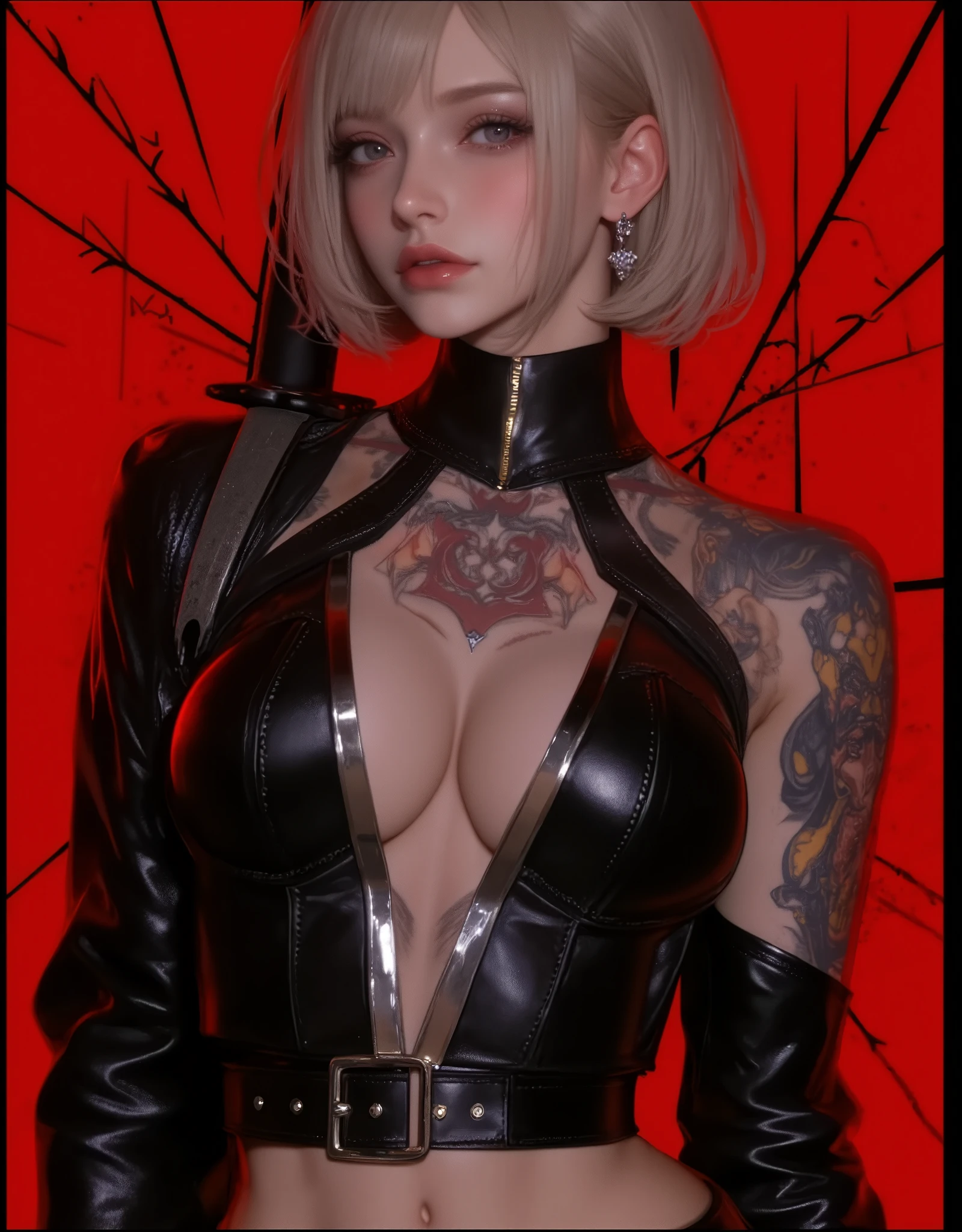 A beautiful blonde woman with short hair, wearing a black leather outfit and holding a samurai sword, stands in a cyberpunk art style in the style of Kuvshinov Ilya. The character's body is covered in tattoos of figures from the Dark Souls video game, including on the shoulders. The background is red and black, and this is a concept art piece. --ar 3:4 --style raw --stylize 250 --v 6.1