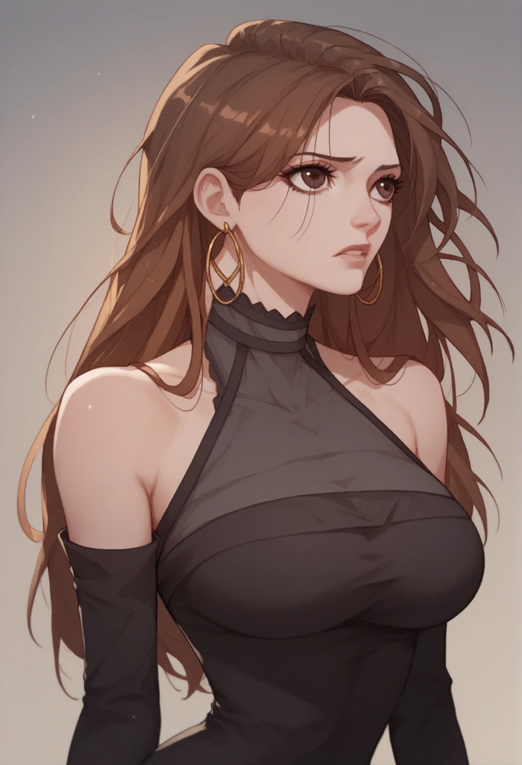 score_9, score_8_up, score_7_up, BREAK, MuQianqian, brown hair, long hair, brown eyes, large breasts, hoop earrings, halterneck, halter dress, bare shoulders, black dress, tight dress, short dress, detached sleeves, 1girl, solo,