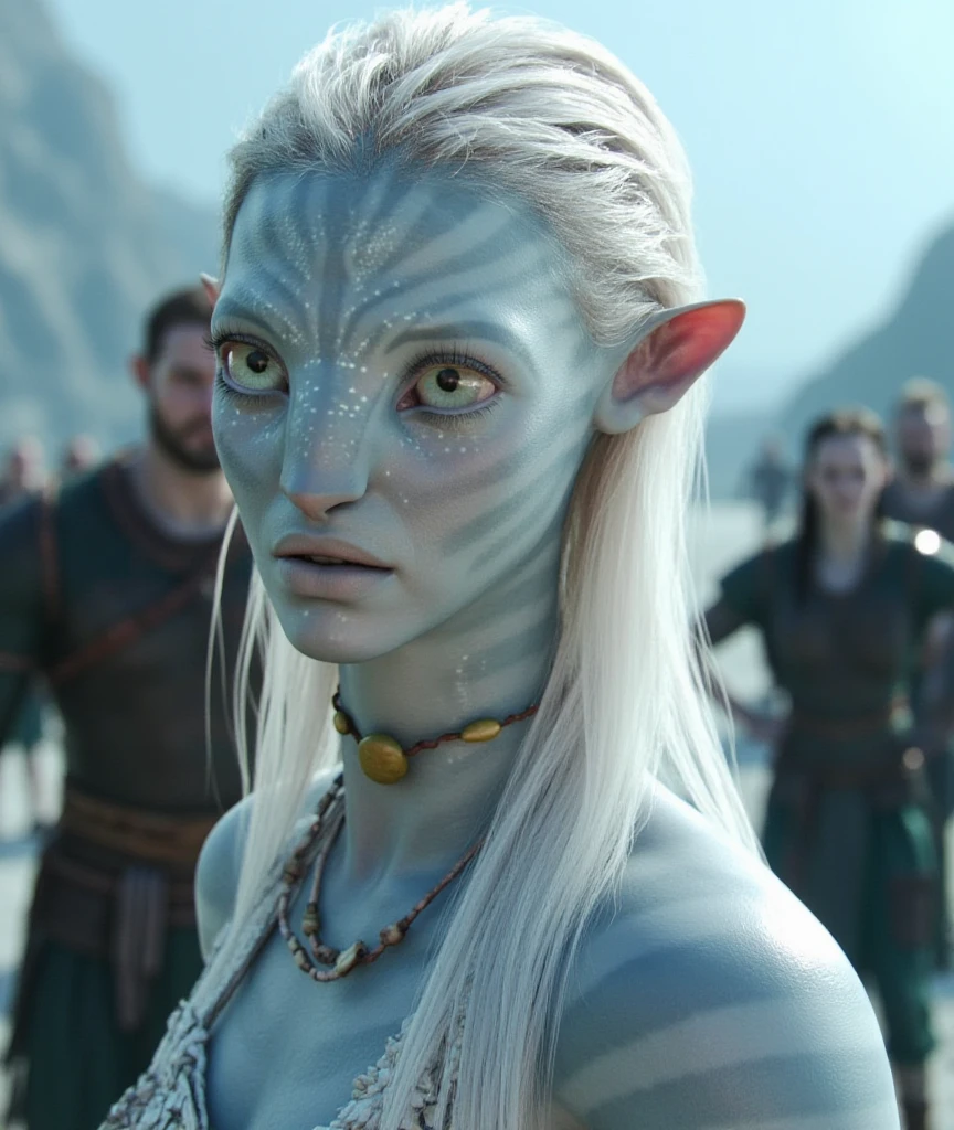 High quality Instagram post of a warrior princess with pale white skin beatiful feminine  body exposed belly electric blue eyes and platinum blonde hair and eye-lashes. There is a beautiful norwegian fjord in the background and other viking troops walking past her. She looks fierce and beautiful yet calm.