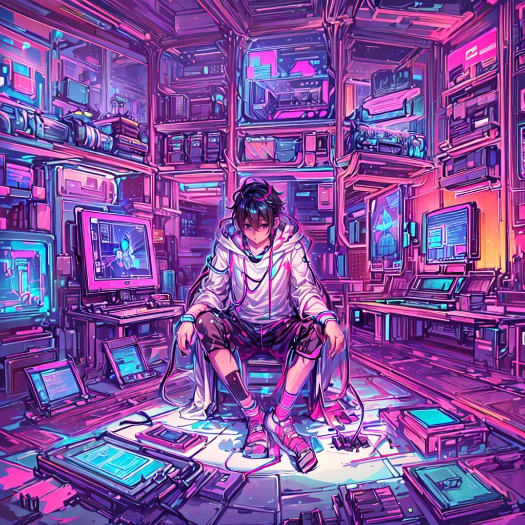 structure of a futuristic boy surrounded by numerous computer screens, 8k, high-detailed, masterpiece, sitting cross-legged on the floor, Empty eyes, ((side view: 1.3)), In the Room at the night, Neon Coloring