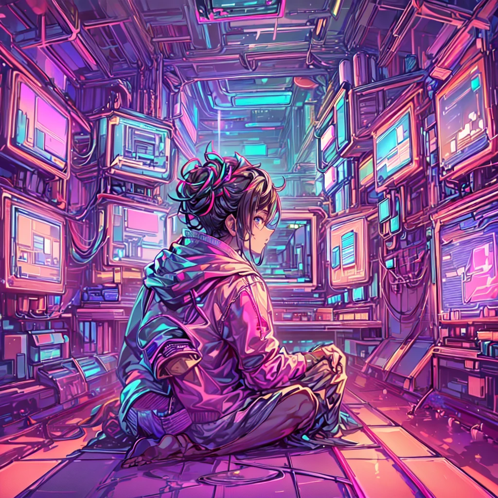 structure of a futuristic boy surrounded by numerous computer screens, 8k, high-detailed, masterpiece, sitting cross-legged on the floor, Empty eyes, ((side view: 1.3)), In the Room at the night, Neon Coloring