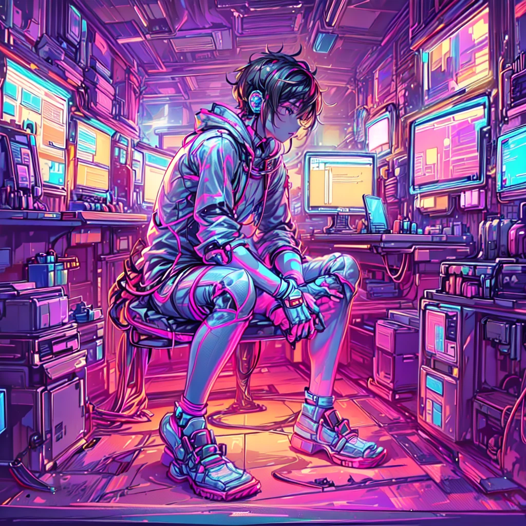 structure of a futuristic boy surrounded by numerous computer screens, 8k, high-detailed, masterpiece, sitting cross-legged on the floor, Empty eyes, ((side view: 1.3)), In the Room at the night, Neon Coloring