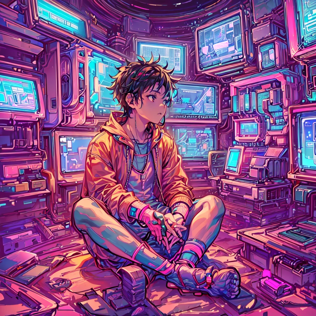 structure of a futuristic boy surrounded by numerous computer screens, 8k, high-detailed, masterpiece, sitting cross-legged on the floor, Empty eyes, ((side view: 1.3)), In the Room at the night, Neon Coloring