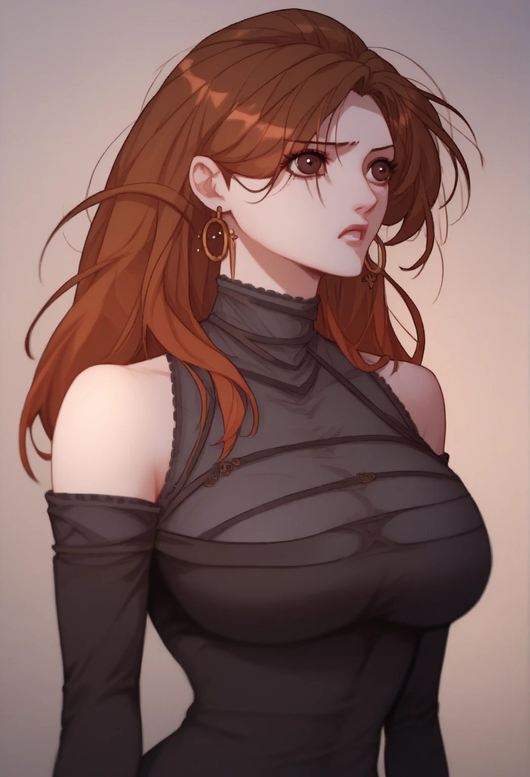 core_9, score_8_up, score_7_up, BREAK, MuQianqian, brown hair, long hair, brown eyes, large breasts, hoop earrings, halterneck, halter dress, bare shoulders, black dress, tight dress, short dress, detached sleeves, 1girl, solo,