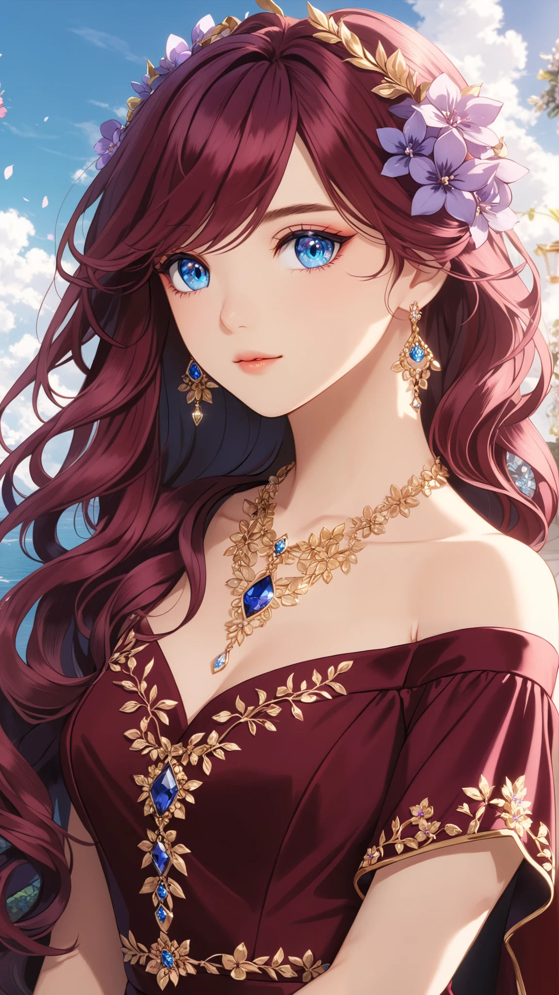 1girl, sky blue eyes mixed with lilac, marsala hair, pale skin, soft blush makeup, long wavy hair, hexagon-shaped sapphire necklace, elegant dress with burgundy satin fabric, dress with gold border, anime, 2D, detailed, fine big eyes, 26 years old girl, pretty character, fairy coded beauty