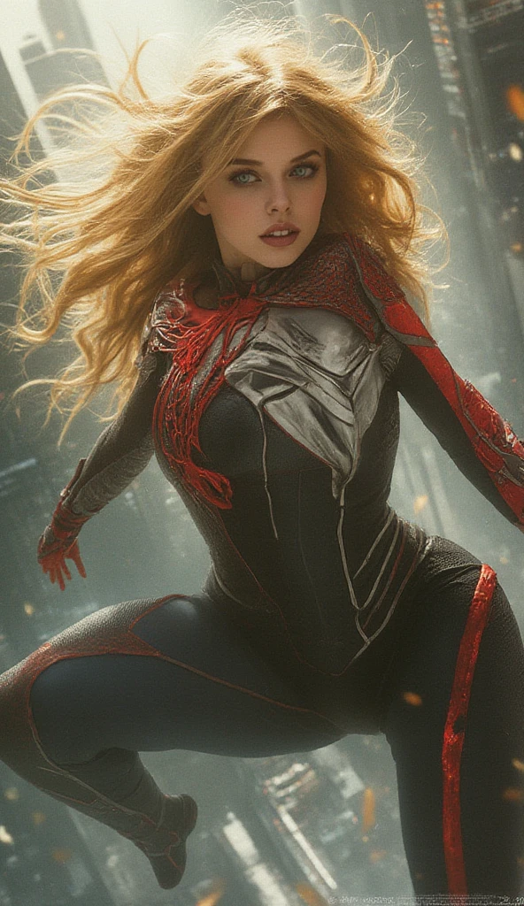 A fusion of Spider-Man and a beautiful girl、building、Golden Hair、 camera angle above thigh、 Dynamic Poses、Spiderman Pose