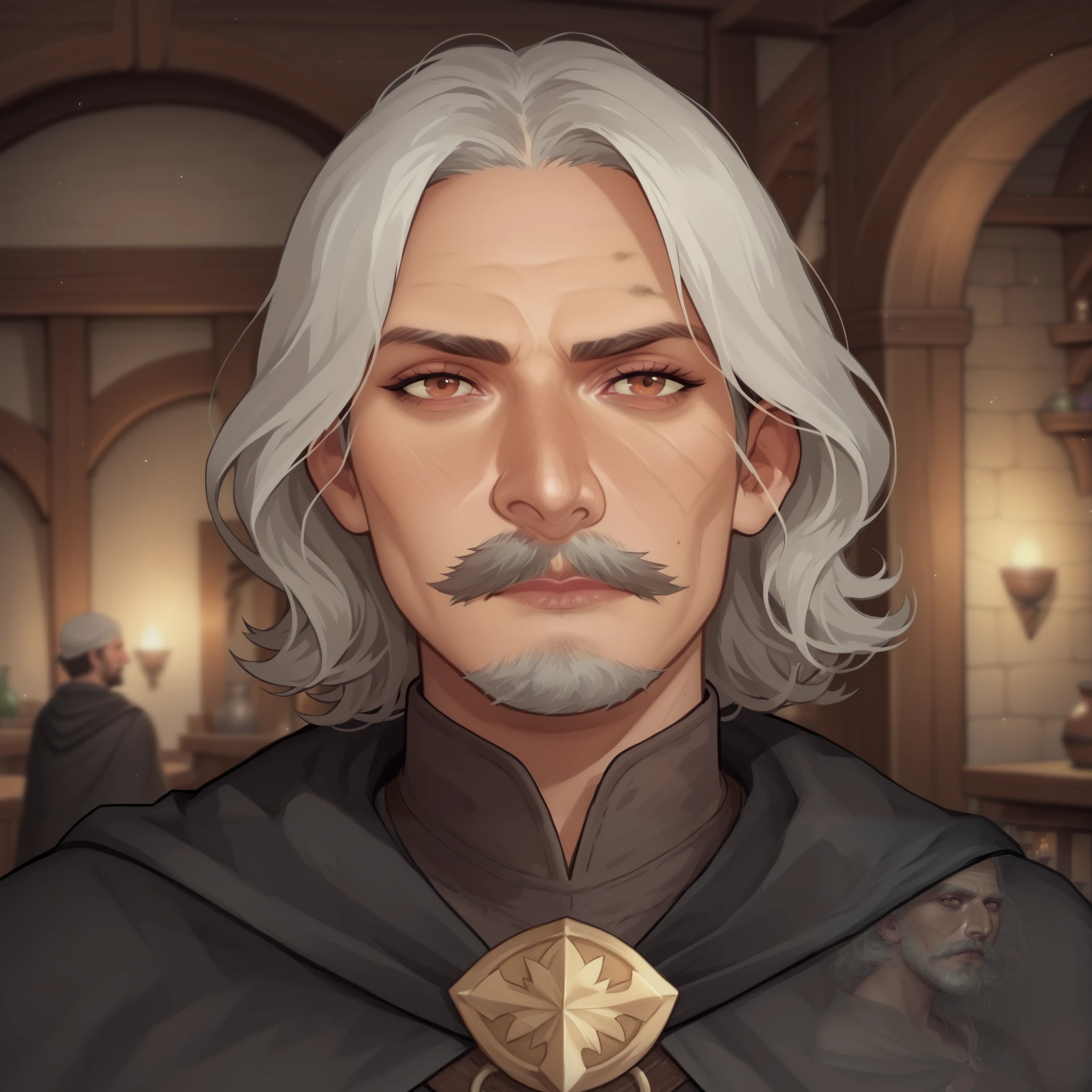 (((beautiful, high quality, comics style, detailed face))), score_9, score_8_up, score_7_up, BREAK, human, old man, pointy nose, big nose, mustache, beard, medium hair, straight hair mage, dirty robes, mage robes, black cloak, solo:1.4, portrait, upper body, portrait, looking at the viewer, front view, serious face, tired look, tavern, fantasy, blurred background, (dynamic lighting:1.1) ((masterpiece)), Expressiveh, detailx