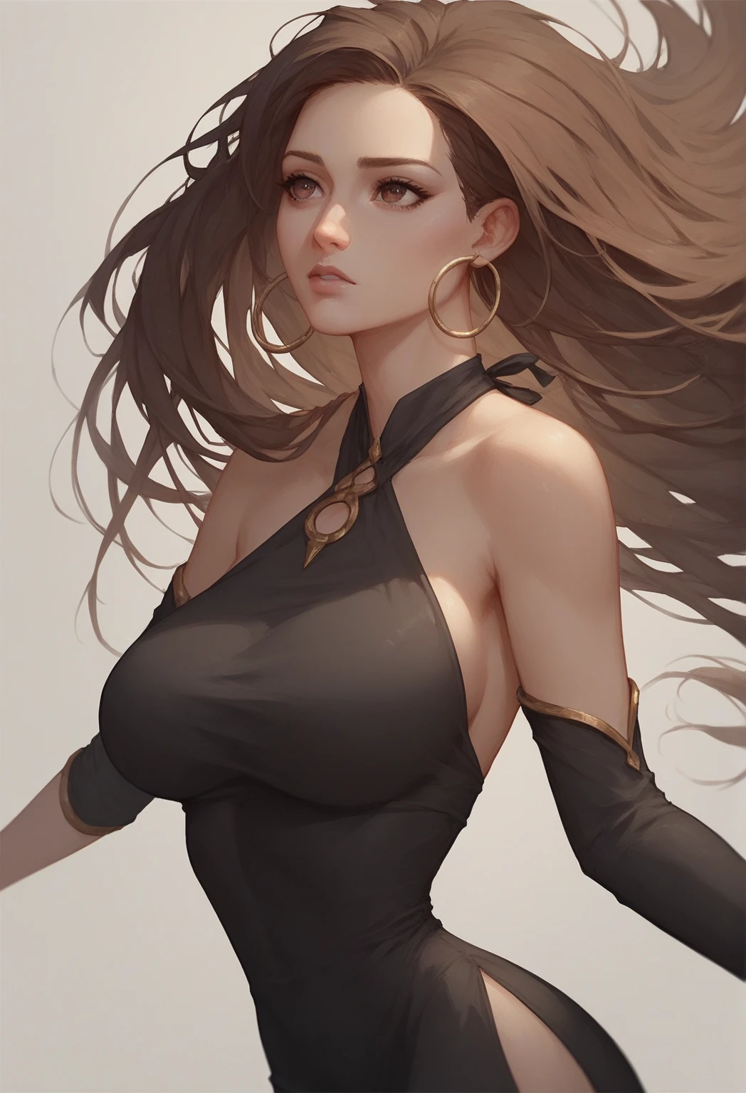 core_9, score_8_up, score_7_up, BREAK, MuQianqian, brown hair, long hair, brown eyes, large breasts, hoop earrings, halterneck, halter dress, bare shoulders, black dress, tight dress, short dress, detached sleeves, 1girl, solo