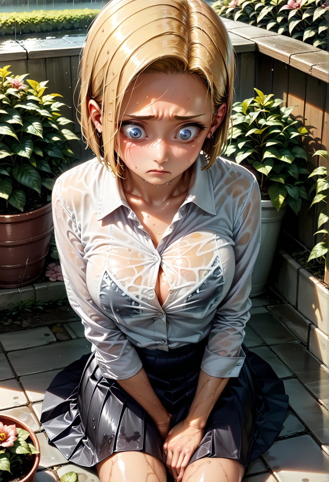 masterpiece, Highest quality,  Unreal Engine,  Super Resolution,  Very detailed, 

Beautiful woman, pakuwz, blonde hair, red eyes, cleavage, short hair, formal, purple jacket, high heels, no bra, purple skirt suit, large breasts, Vivid expression, Healthy Body, Beautifully detailed sweat glands, Smooth skin texture, Carefully drawn, 

(humidity:1.5), Beautiful Eyes, (Attractive face:1.2), (Beautiful Skin), Tight waist, (Big Breasts), (Sticky with sweat), Dynamic pose, 

In the world of Hunter Hunter, Outdoor,  In the slums,