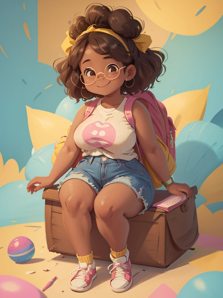 A cheerful hyper realistic african american young girl with curly brown hair wearing a yellow headband,She has a bright smile,wearing a sleeveless ribbed blue top and wearing high-waisted yellow shorts,A small stuffed toy peeks out from the side of her pink backpack she wears,The setting is colorful, with a simple hyper realistic style emphasizing modern and fun, she have a curvy figure sitting relaxed,she wears white sneakers with subtle details, with black socks,The background is minimalistic and light gray to emphasize her appearance,soft lighting highlighting her features and casual,She carried a black Book with a golden text that reads “CD” in her right arm and a pencil,chubby thighs,visble abs,round glasses,Looking at viewer,Grin,
