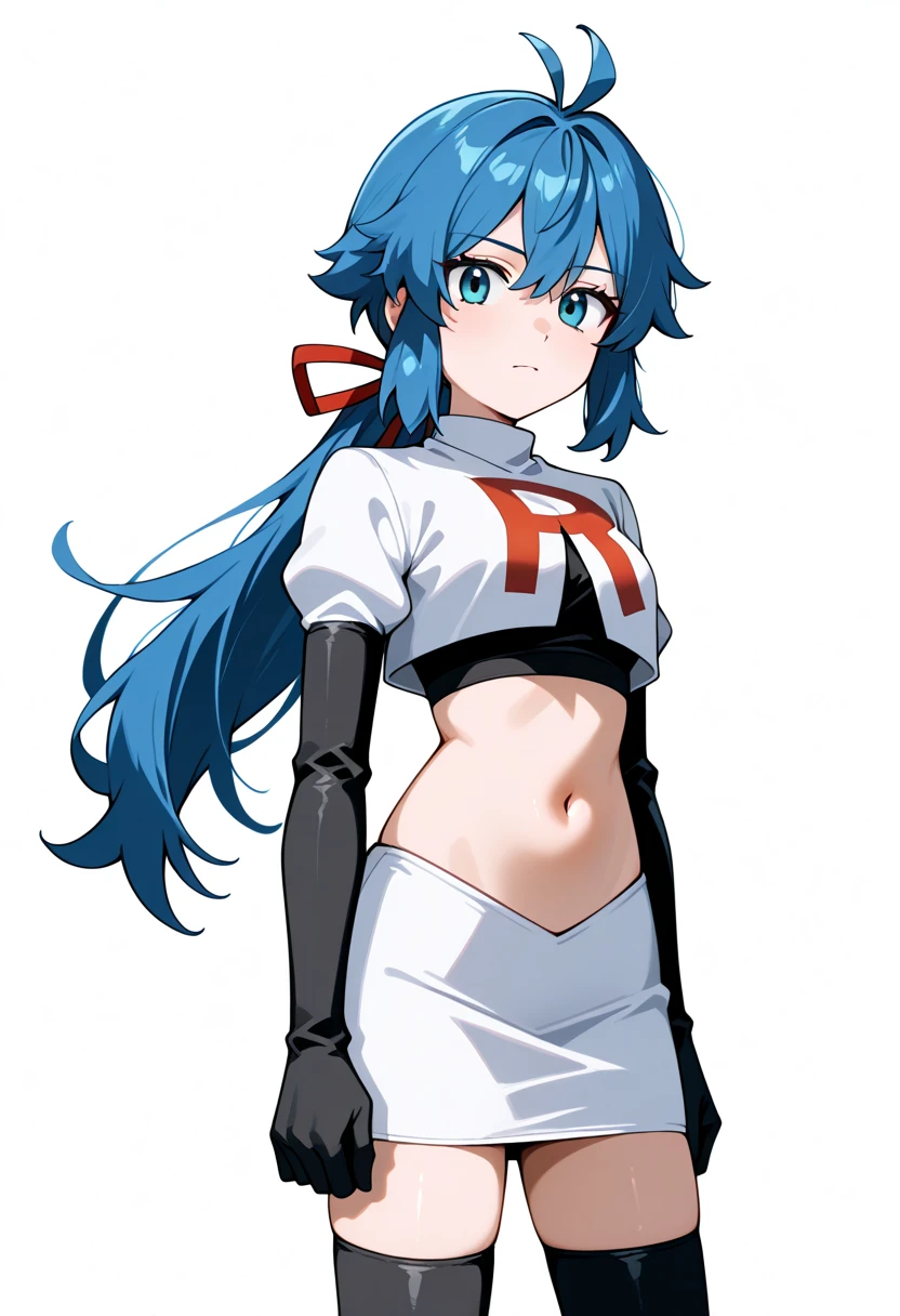 <lora:fishine-10:1>, masterpiece, best quality, <lora:disgaea:1>laharl-chan, blue hair, antenna hair, red eyes, large breasts, bikini top only, scarf, belt, red pants