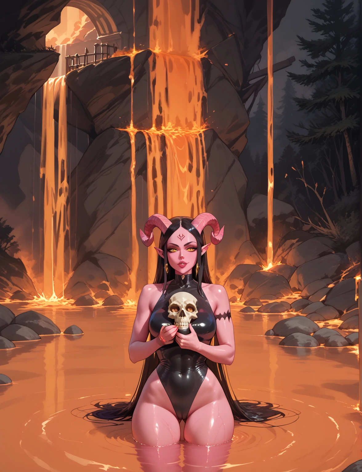 девушка demon, demon, девушка demon в лаве.  girl with a skull in her hands,  skull in hands , lake in lava , horns, pink skin,  tight , Pointed ears