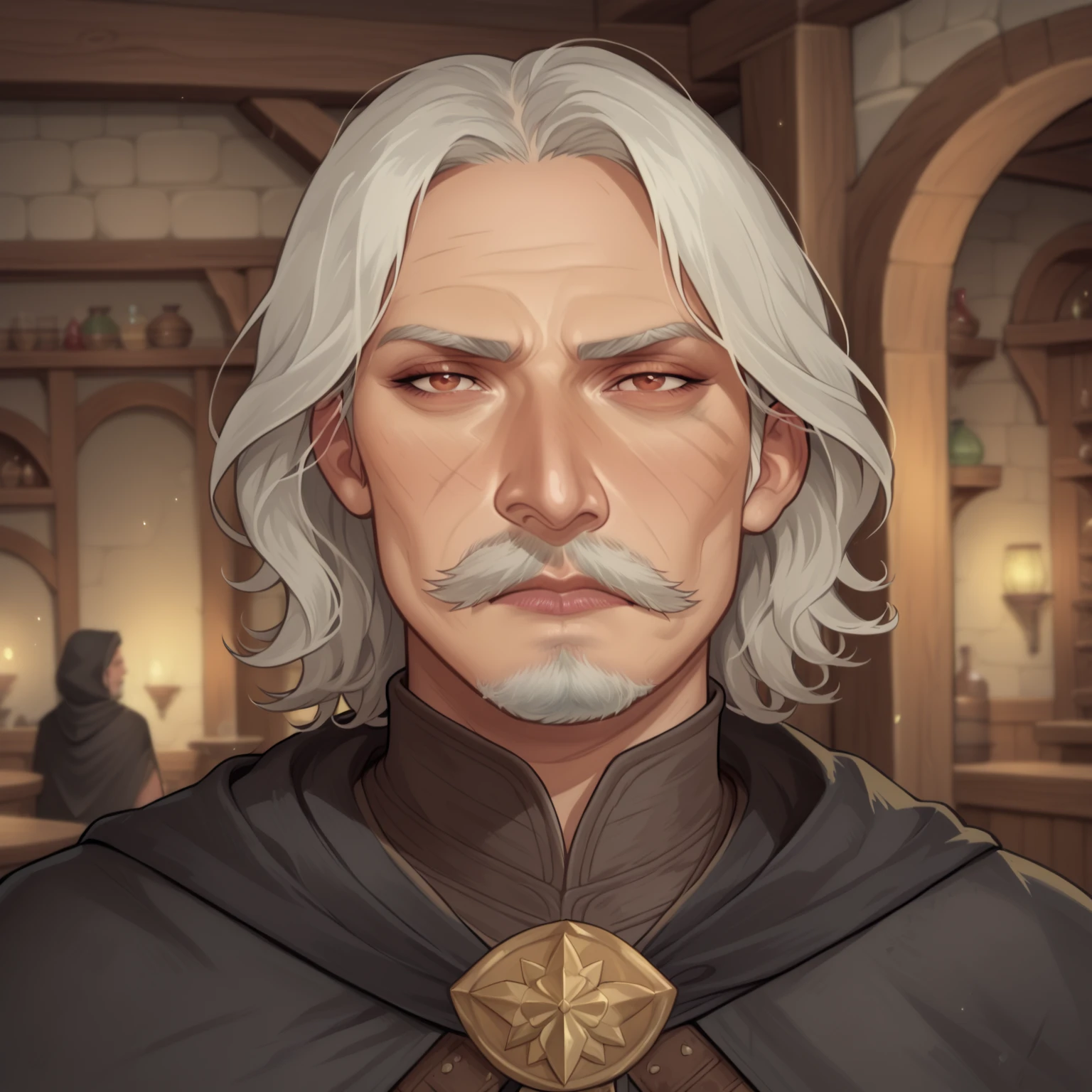 (((beautiful, high quality, comics style, detailed face))), score_9, score_8_up, score_7_up, BREAK, human, old man, pointy nose, big nose, mustache, beard, medium hair, straight hair mage, dirty robes, mage robes, black cloak, solo:1.4, portrait, upper body, portrait, looking at the viewer, front view, serious face, tired look, tavern, fantasy, blurred background, (dynamic lighting:1.1) ((masterpiece)), Expressiveh, detailx