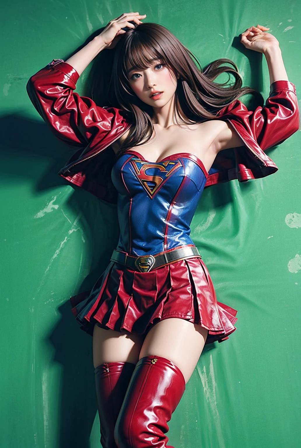  Supergirl with  all over her body、Supergirl lying on the ground 、 showing cleavage 、 spread your arms 、 red miniskirt、 red long boots