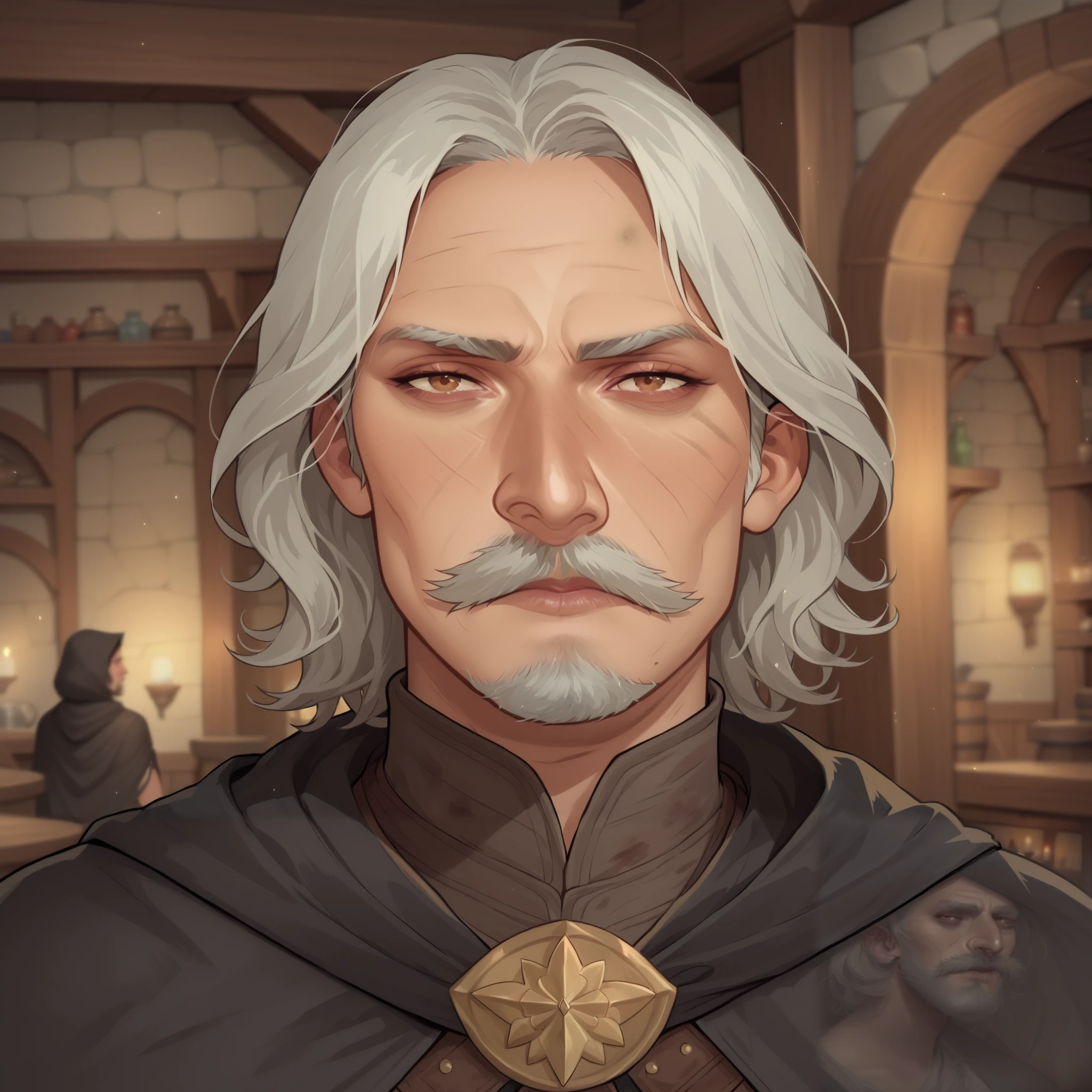 (((beautiful, high quality, comics style, detailed face))), score_9, score_8_up, score_7_up, BREAK, human, old man, pointy nose, big nose, mustache, beard, medium hair, straight hair mage, dirty robes, mage robes, black cloak, solo:1.4, portrait, upper body, portrait, looking at the viewer, front view, serious face, tired look, tavern, fantasy, blurred background, (dynamic lighting:1.1) ((masterpiece)), Expressiveh, detailx