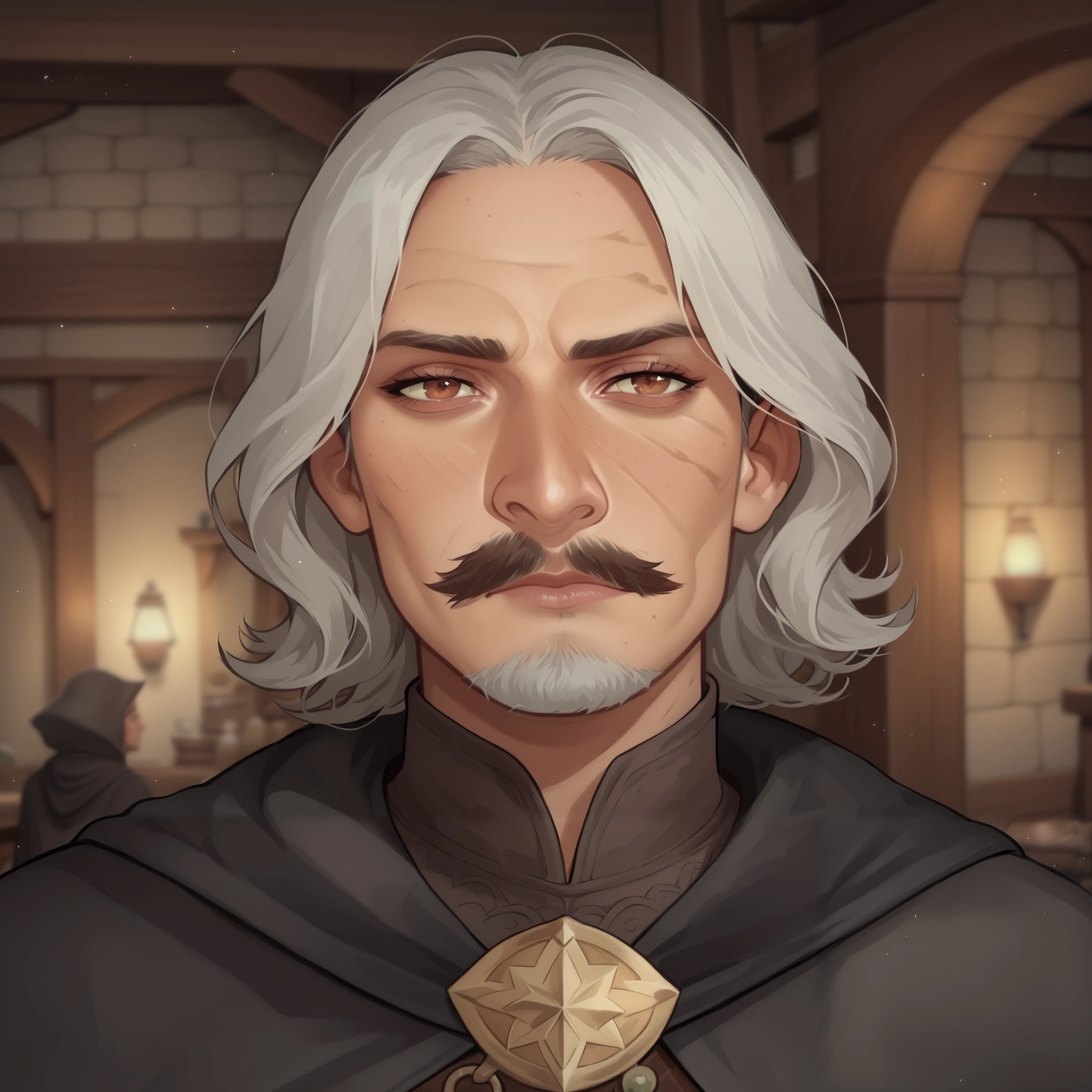 (((beautiful, high quality, comics style, detailed face))), score_9, score_8_up, score_7_up, BREAK, human, old man, pointy nose, big nose, mustache, beard, medium hair, straight hair mage, dirty robes, mage robes, black cloak, solo:1.4, portrait, upper body, portrait, looking at the viewer, front view, serious face, tired look, tavern, fantasy, blurred background, (dynamic lighting:1.1) ((masterpiece)), Expressiveh, detailx