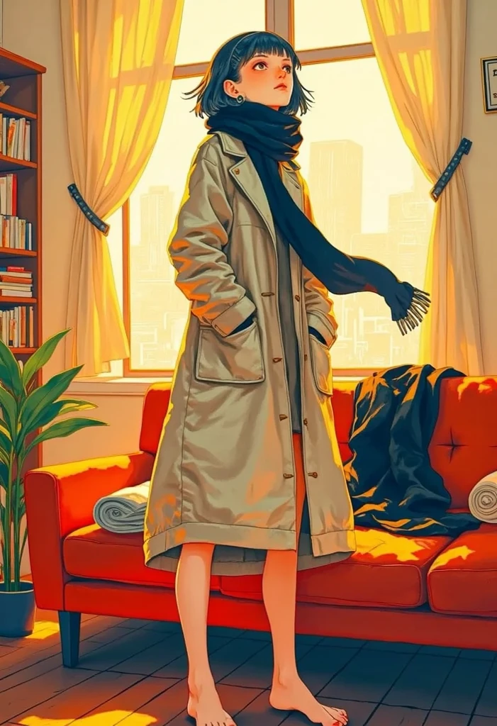 masterpiece,Returning Home、Emancipation from work ,Alone,woman（ She's wearing loungewear ),(womanはfreeを象徴するポーズ), back view,break,There is a trench coat and scarf on the sofa,indoor,free, everyday scene 