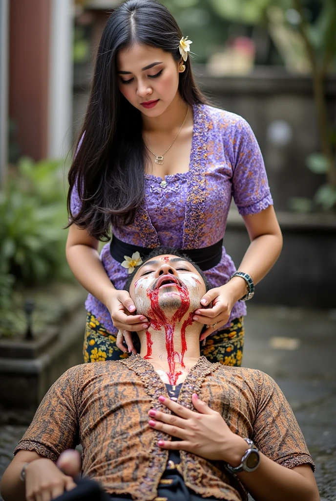 Crazy, horror, 70-year-old man, naked with an apron full of blood, bloody woman. The man has a machete and is splitting open the body. Human head being traded in a traditional market, on a top of table, human trafficking, bleeding, woman's head, beautiful young girl, ((eyes closed)), bleeding, traditional market place background, photorealistic, 4K, Nikon, horror, public market, beautiful asian face