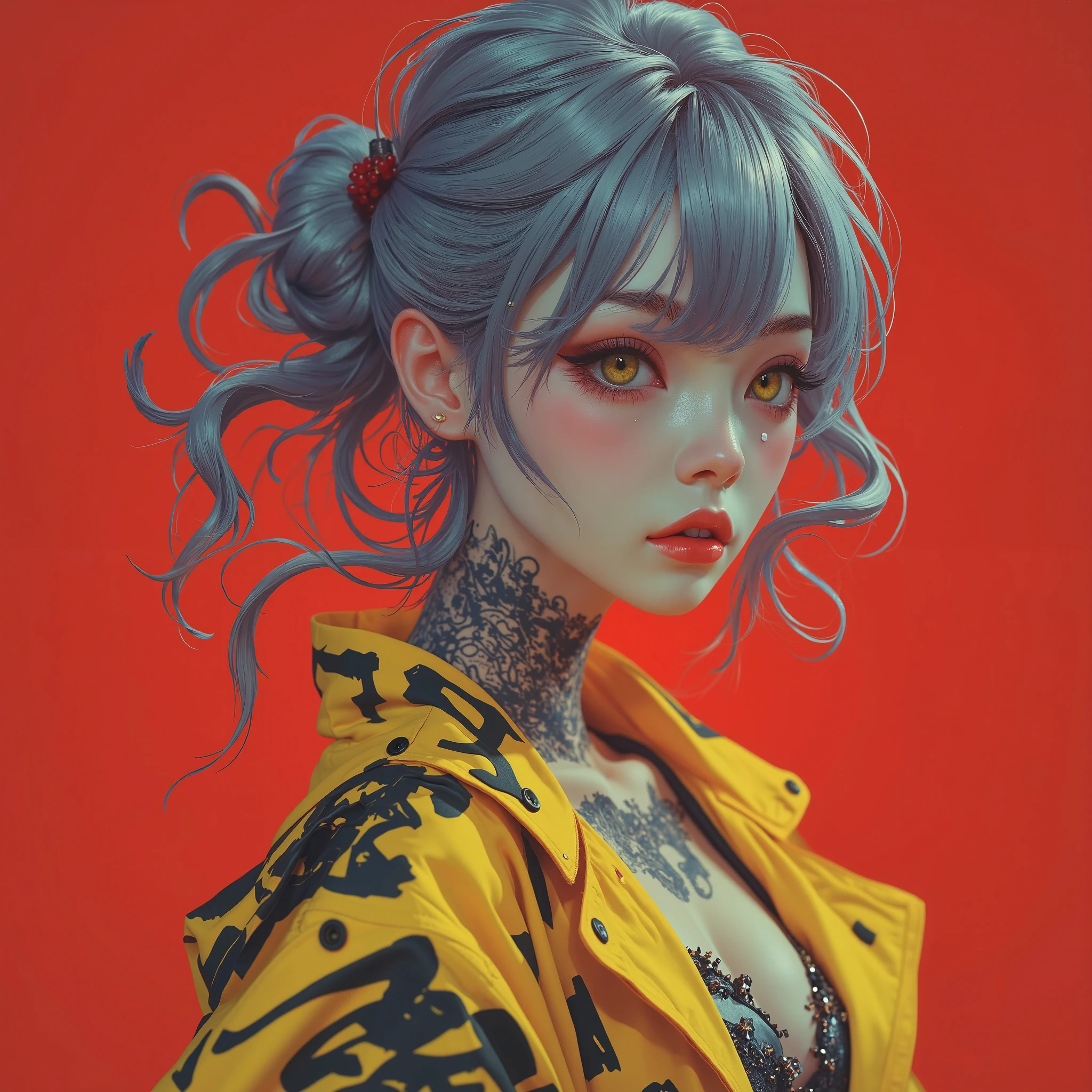 A beautiful young Korean woman .
gray hair, seeds, Foot-length , fluttering, fringe covering 1 eye .
black eyes, yellow irises , obfuscating, expressive, incandescent, bioluminescentes.
super white skin, pale, like snow.
Medium and pointed breasts .
thin and delicate waist .
exposed belly .
Cat tattoo on the abdomen .
Dressed in an open yellow coat , Plastic Style, bright, hip-hop graffiti print .
without bra .
She is looking up and crying , your tears fall .
Dull effect .
Distant profile view from a perspective of the screen.
Simple matte red background .
(anime style 32K, 3d, HDR, UHD, intricate detail, extremely intricate detail, hyperrealistic, extremely realistic, high quality, vivid color , extremely detailed).