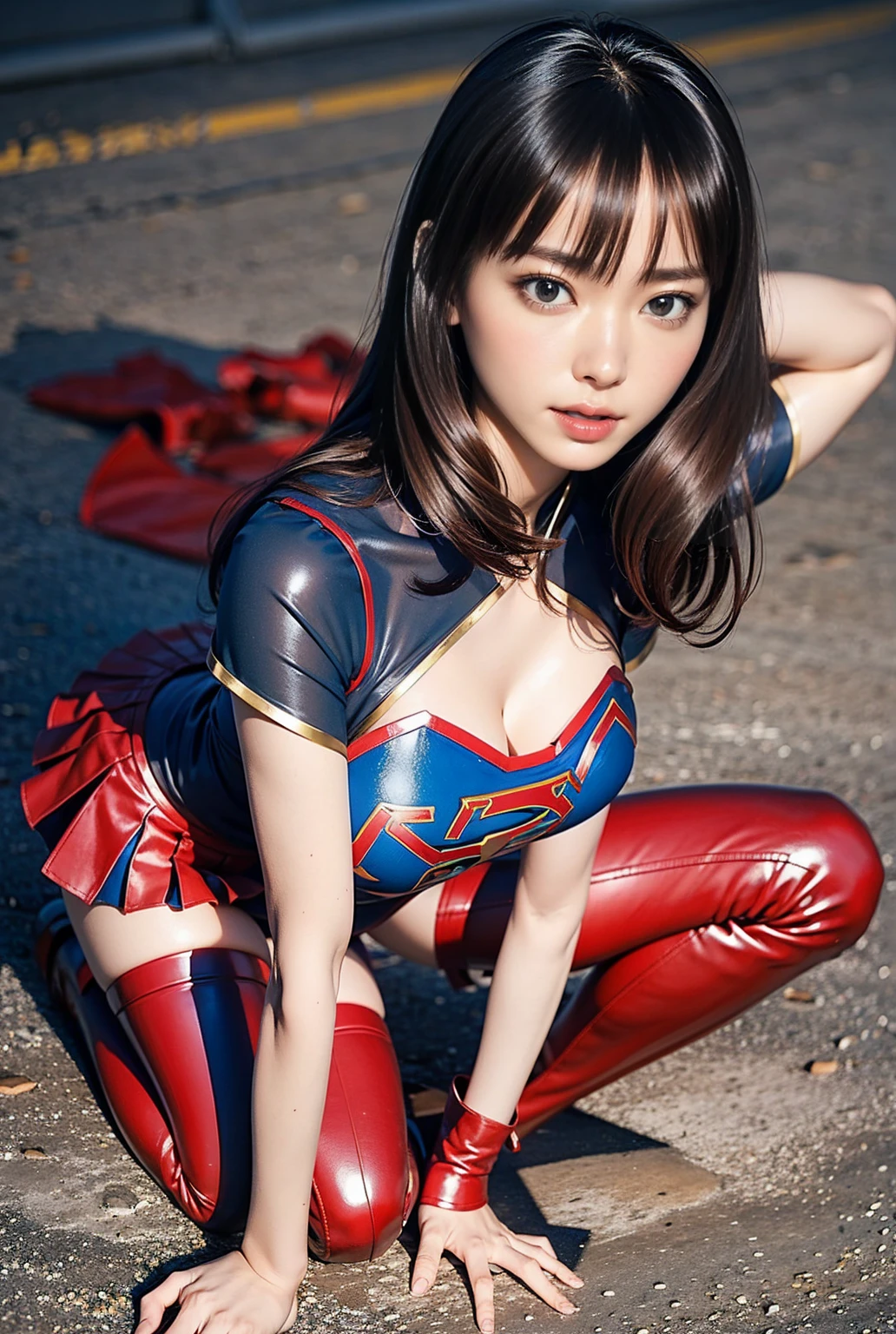  Supergirl with  all over her body、Supergirl lying on the ground 、 showing cleavage 、 spread your arms 、 red miniskirt、 red long boots