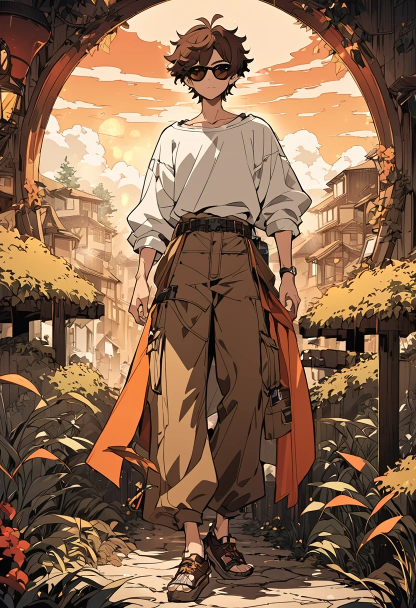   male character.  His skin has warm reddish brown tones .  His hair is long with shades that mix deep red and dark brown .  His eyes have a deep amber glow .   He wears urban style clothing such as brown cargo pants with ankle adjustments and a wide white blouse. art style: smooth and detailed lines  ,   with a magical and natural atmosphere  .