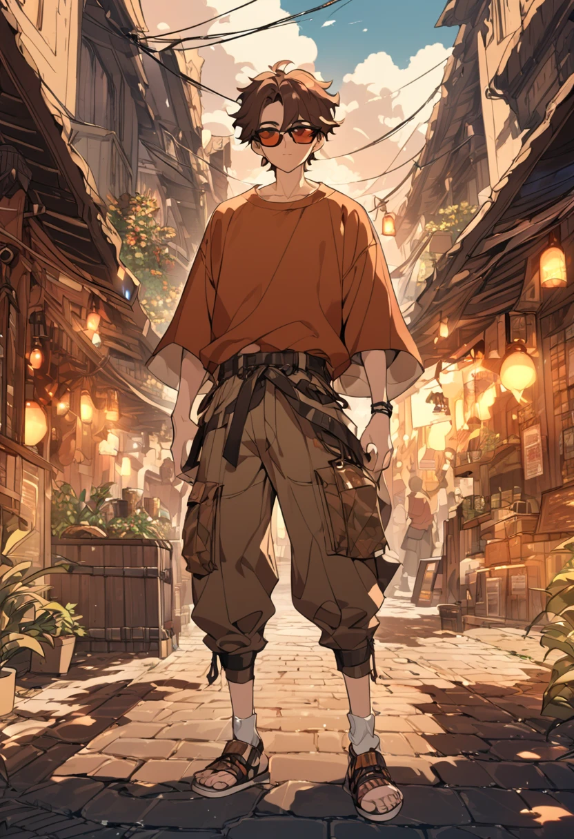   male character.  His skin has warm reddish brown tones .  His hair is long with shades that mix deep red and dark brown .  His eyes have a deep amber glow .   He wears urban style clothing such as brown cargo pants with ankle adjustments and a wide white blouse. art style: smooth and detailed lines  ,   with a magical and natural atmosphere  .