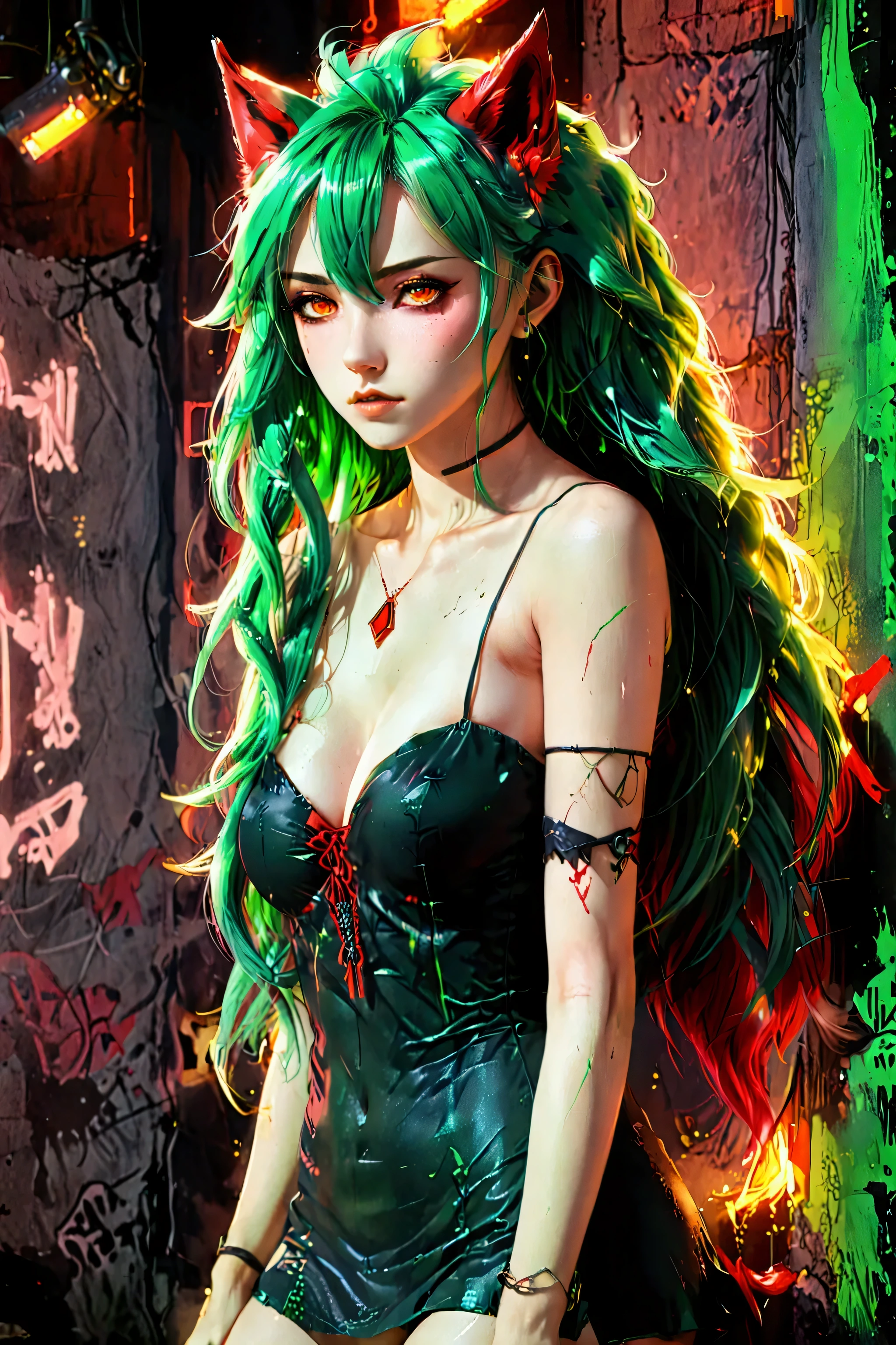 a woman with green hair and wolf ears is posing, seductive girl, anime. soft lighting, beautiful woman with Arcane Jinx style, the wall is painted in red neon. A girl with long hair, beautiful green haired girl, ultra hd anime wallpaper, bright hair, nightcore, red neon graffiti, beautiful wolf woman, ilya kuvshinov with long green hair, 4k anime wallpaper, style allistrasion 4k