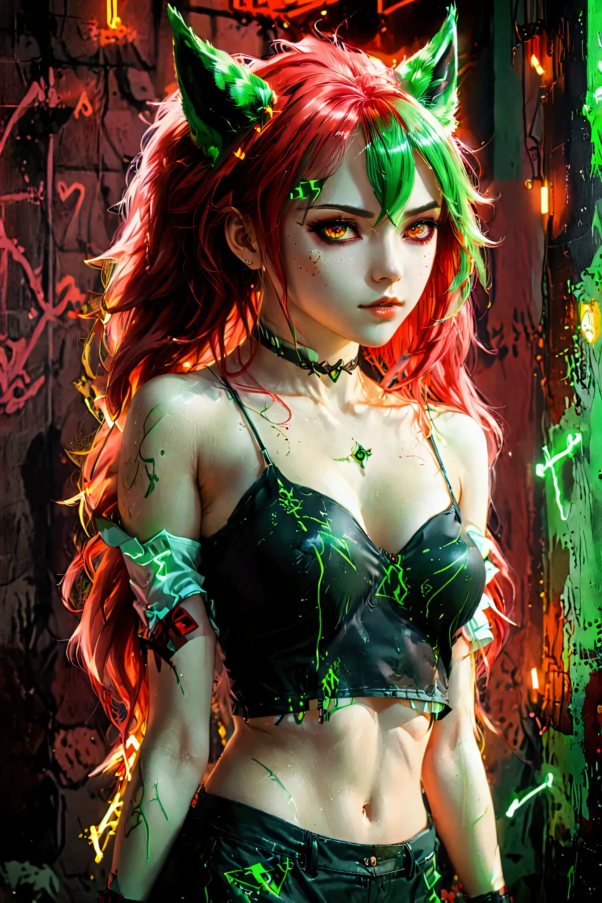 a woman with green hair and wolf ears is posing, seductive girl, anime. soft lighting, beautiful woman with Arcane Jinx style, the wall is painted in red neon. A girl with long hair, beautiful green haired girl, ultra hd anime wallpaper, bright hair, nightcore, red neon graffiti, beautiful wolf woman, ilya kuvshinov with long green hair, 4k anime wallpaper, style allistrasion 4k