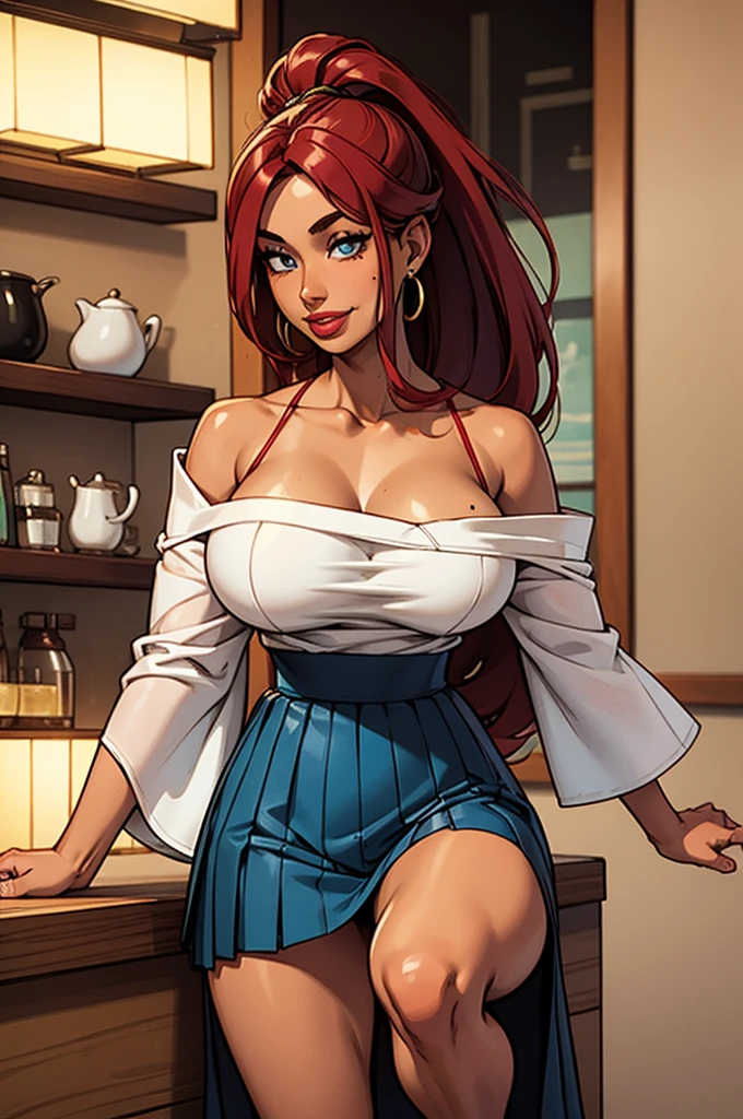 1girl, modern fantasy, sultry japanese woman with tanned skin, tan skin, 5'1", 18 years old, (breast implants), (round fake tits), deep v-cleavage, wavy (crimson hairs) with side bang, very long high ponytail, (white kimono top), long sleeves, plain long skirt, (very long green skirt:0.7)) with (side_slit:0.5), crimson obi, sandals, vibrant blue eyes, mischevious smile, mole under right eye, loop earrings, red lips, full lower lip, (full lower lip), flirting in a coffee shop, assertive, long ((green:1) pleated skirt:1)