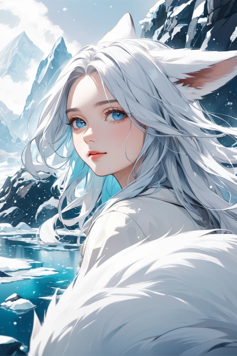 Illustration-style picture of a around 26-year-old woman with long white hair, icy-blue eyes, white fox ears and fluffy fox tail