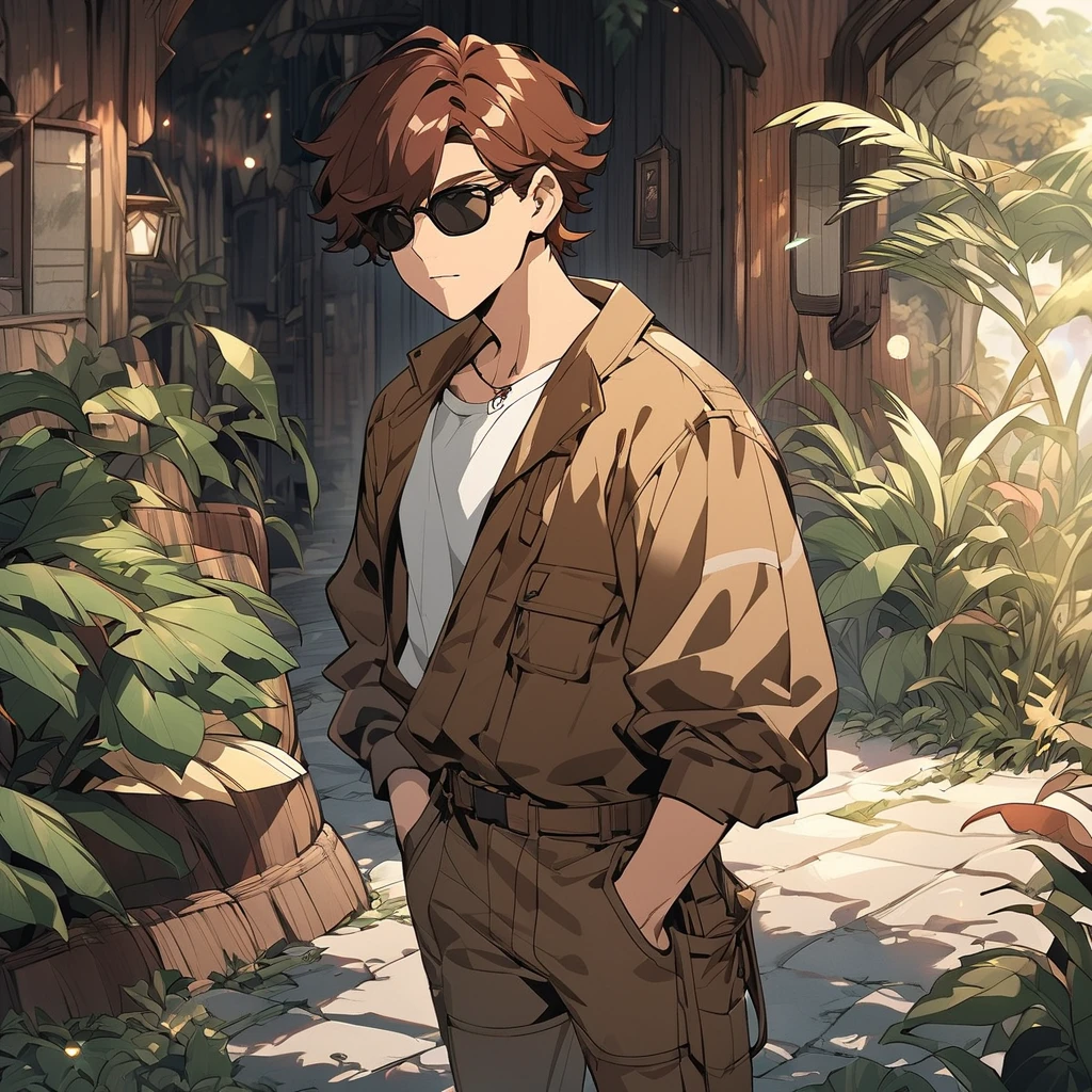   male character.  His skin has warm reddish brown tones .  His hair is long with shades that mix deep red and dark brown .  He wears urban style clothing, such as fitted brown cargo pants and a loose white blouse.. art style: smooth and detailed lines  ,   with a magical and natural atmosphere  .