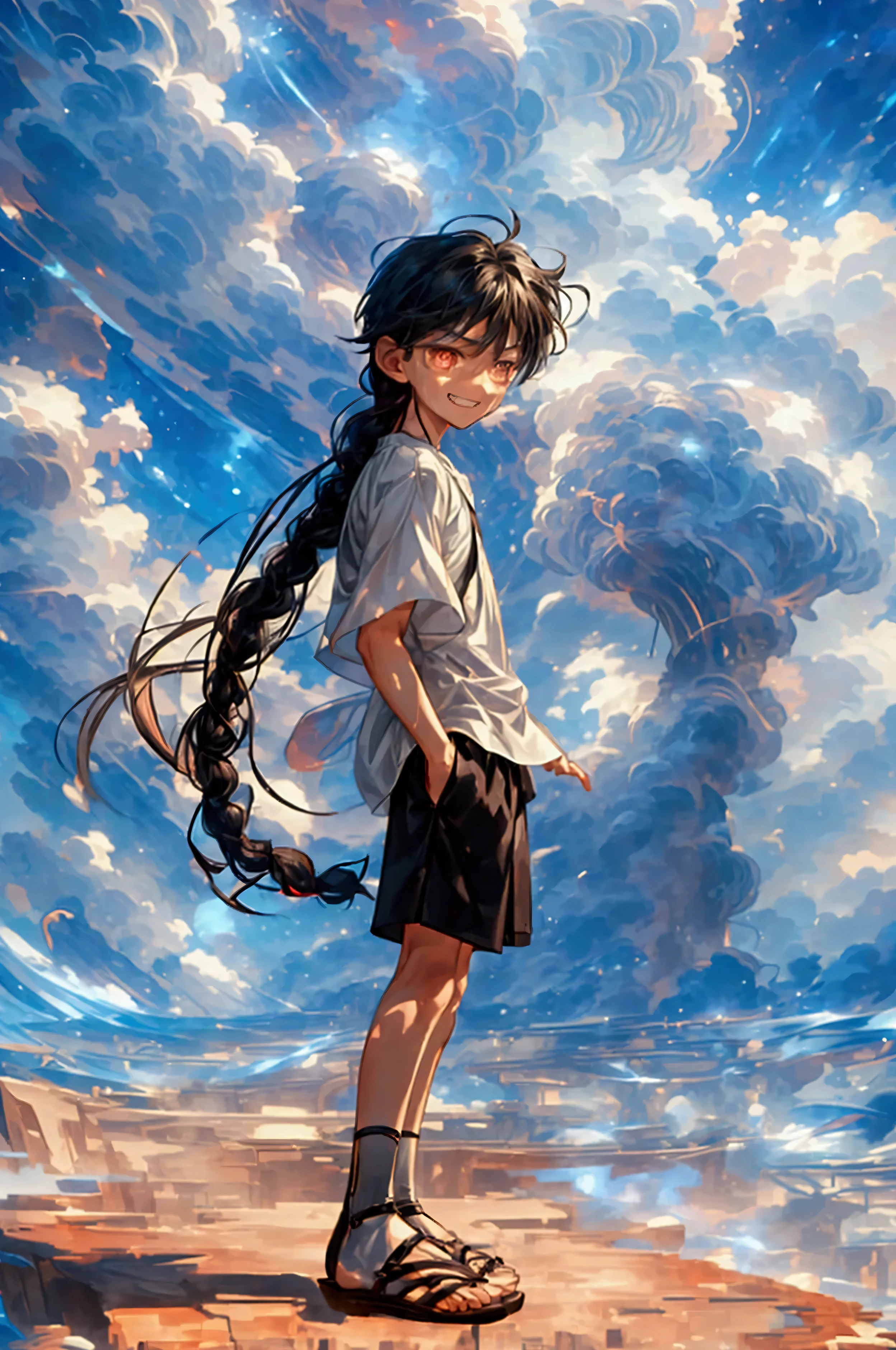 a twelve year old boy, very long black braid, dark eyes, long sleeved white shirt, black shorts, sandals, enthusiastic grinning, An atmosphere that exudes the despair of loss。An atmosphere that makes you feel tense。High Fantasy Worldview, Beautiful depiction of grand composition and proportions 