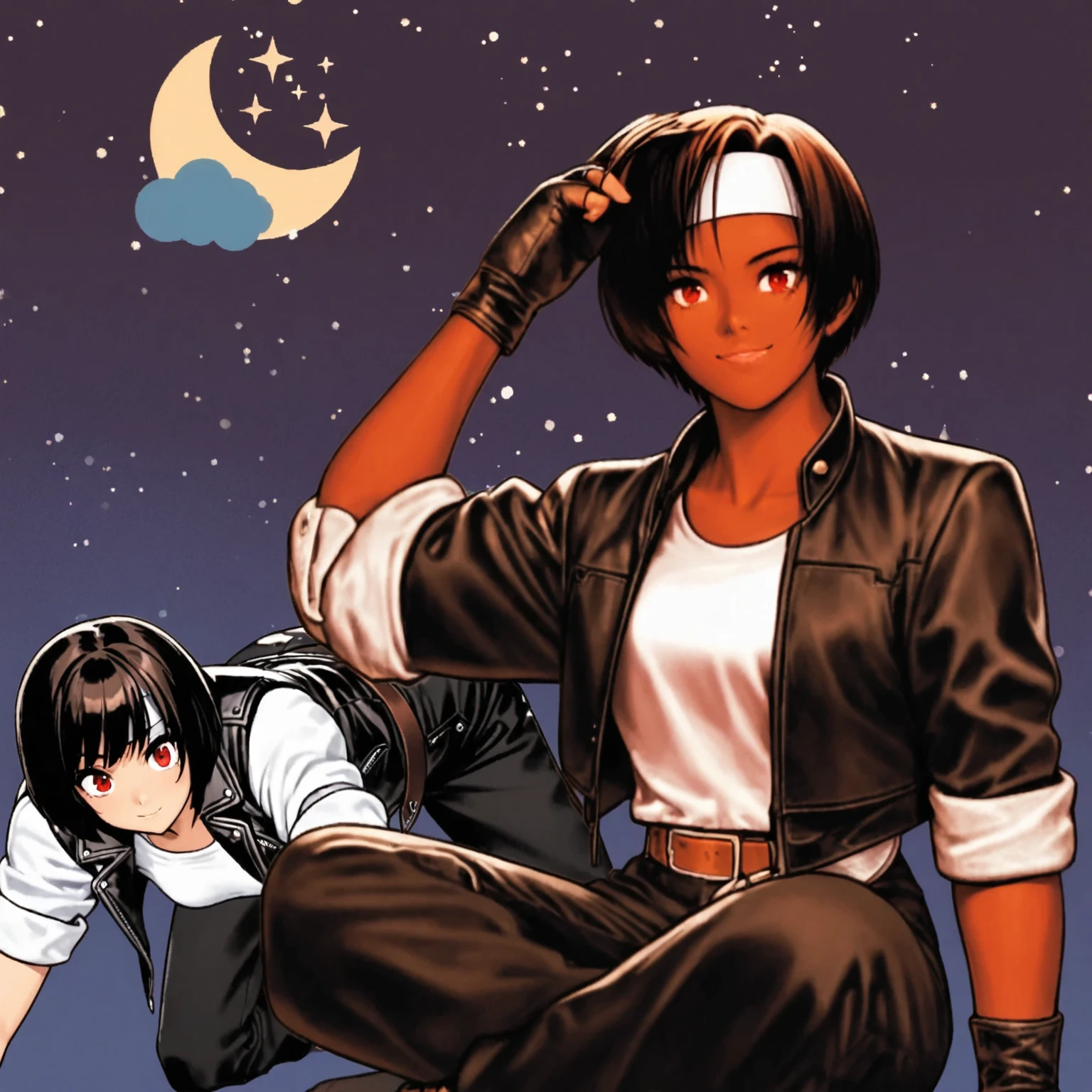 looking at viewer, smile, short hair, bangs, multiple girls, brown hair, shirt, black hair, red eyes, gloves, 2girls, sitting, jacket, white shirt, sky, black gloves, belt, pants, dark skin, fingerless gloves, open jacket, dark-skinned female, black jacket, night, headband, black pants, moon, all fours, star \(sky\), night sky, sleeves rolled up, starry sky, cropped jacket, leather, crescent moon, leather jacket, white headband