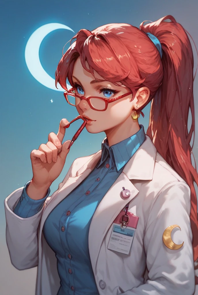 score_9, score_8_up, score_7_up, score_6_up, score_5_up,  jt, labcoat, glasses, red hair, long hair, 1girl, mary test, blue eyes, crescent, ponytail,