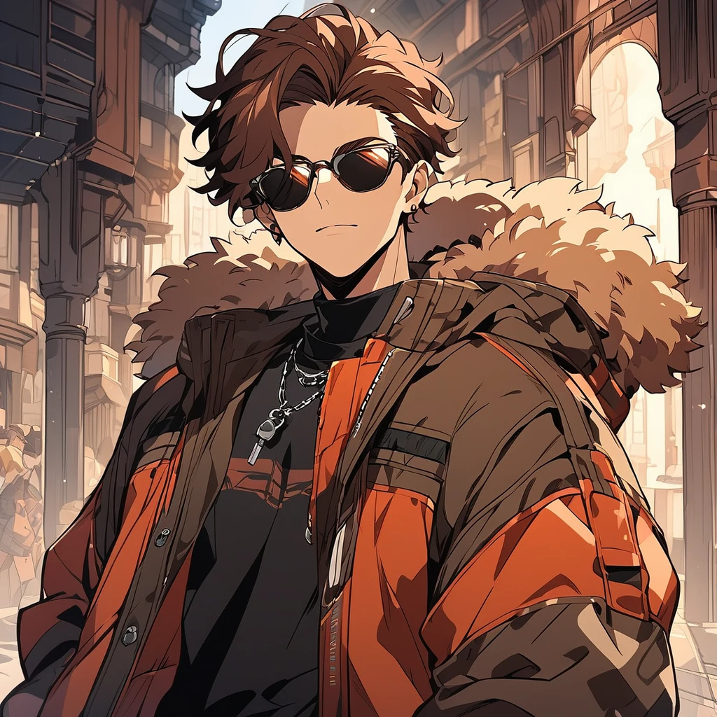   male character.  His skin has warm reddish brown tones .  His hair is large with shades that mix deep red and dark brown.  He wears urban style clothes . art style: smooth and detailed lines  ,   with a magical and natural atmosphere  .