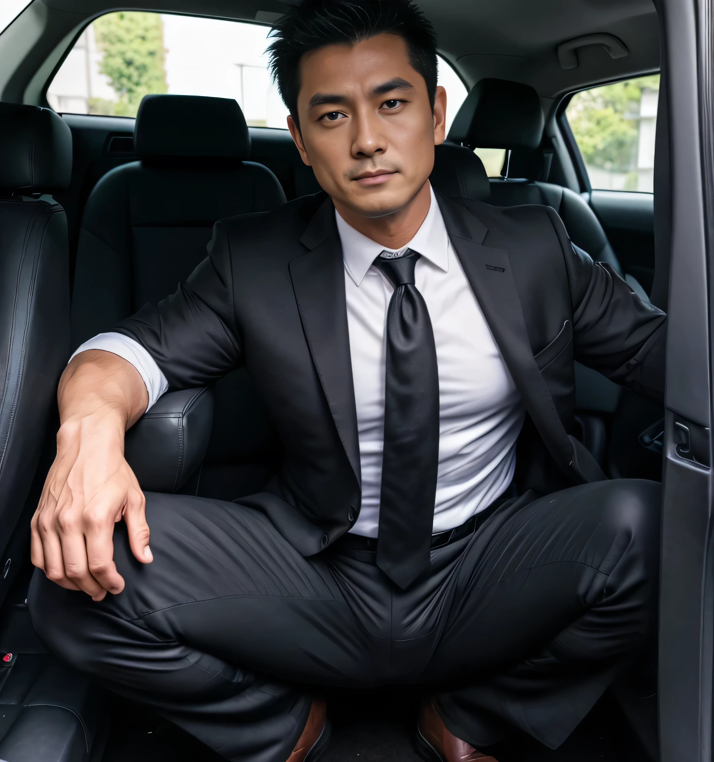 50 years old,One Man,Black Suit,Night parking、mafia、Sitting with legs wide open、Hold a gun,logic,Gay ,Very short slicked back hair,Stubble,Asian Faces,Handsome Dad,Bulging in the crotch area of pants ,looking at the camera