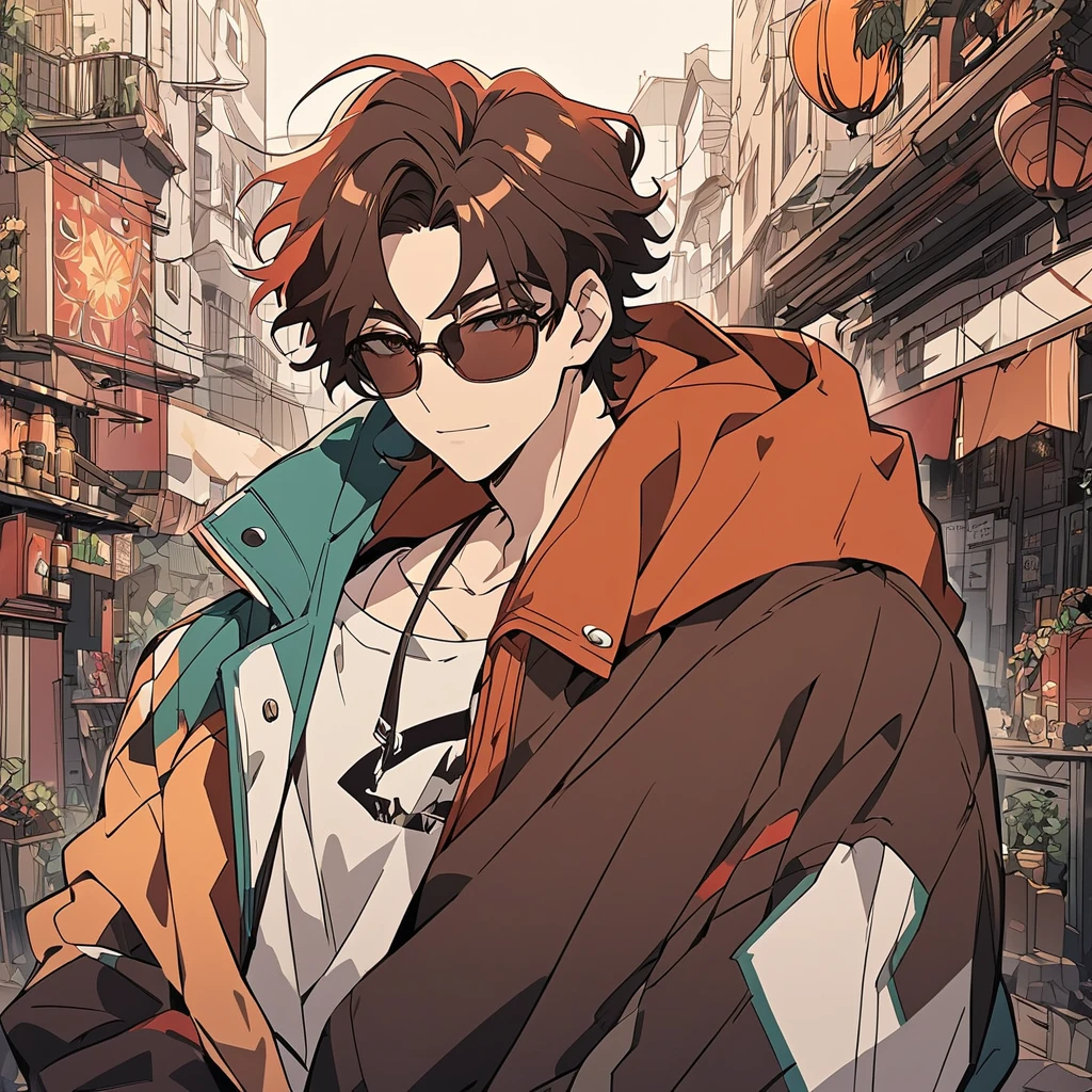   male character. Your skin should have warm reddish brown tones .  Your hair is large with shades that mix deep red and dark brown.  He wears urban style clothes . art style: smooth and detailed lines  ,   with a magical and natural atmosphere  .