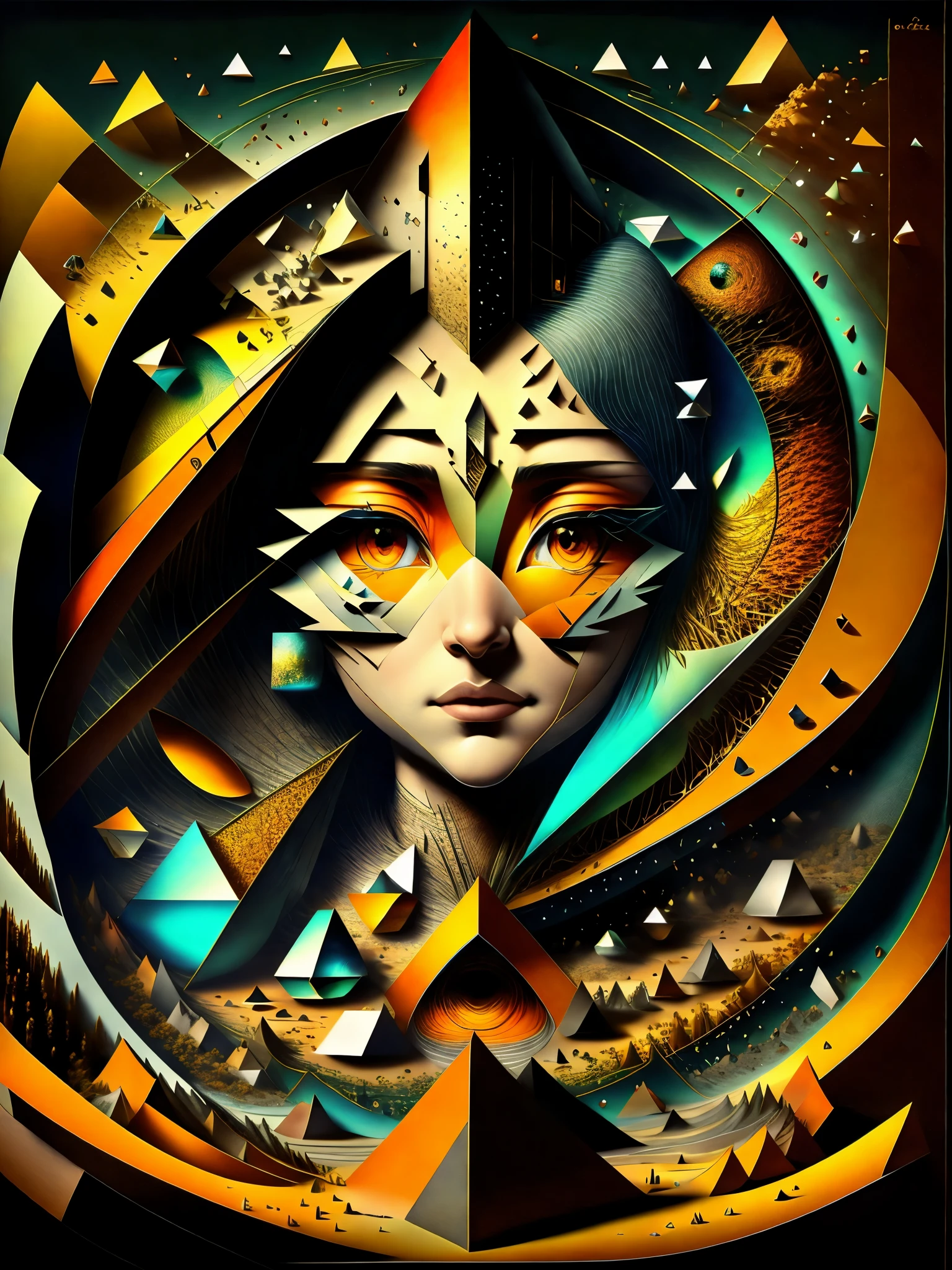 Fractured Visage This abstract portrait fractures the face into a myriad of geometric shapes. The sharp planes slice the visage into triangles, rectangles and parallelograms that overlap in a disjointed symmetry. One eye peeks out from an angled shard while the hint of a nose is visible through a trapezoidal window. The mouth is formed by two intersecting planes, red and orange that convey a sense of warmth. As the polygons overlap, they capture and reflect light across the face, creating an illusory glow and depth. The precisely arranged fractured planes suggest a crystalline, kaleidoscopic vision of the portrait from multiple dimensions simultaneously. The subject's face becomes a prism, refracting their likeness through the complex geometry of cubist abstraction.