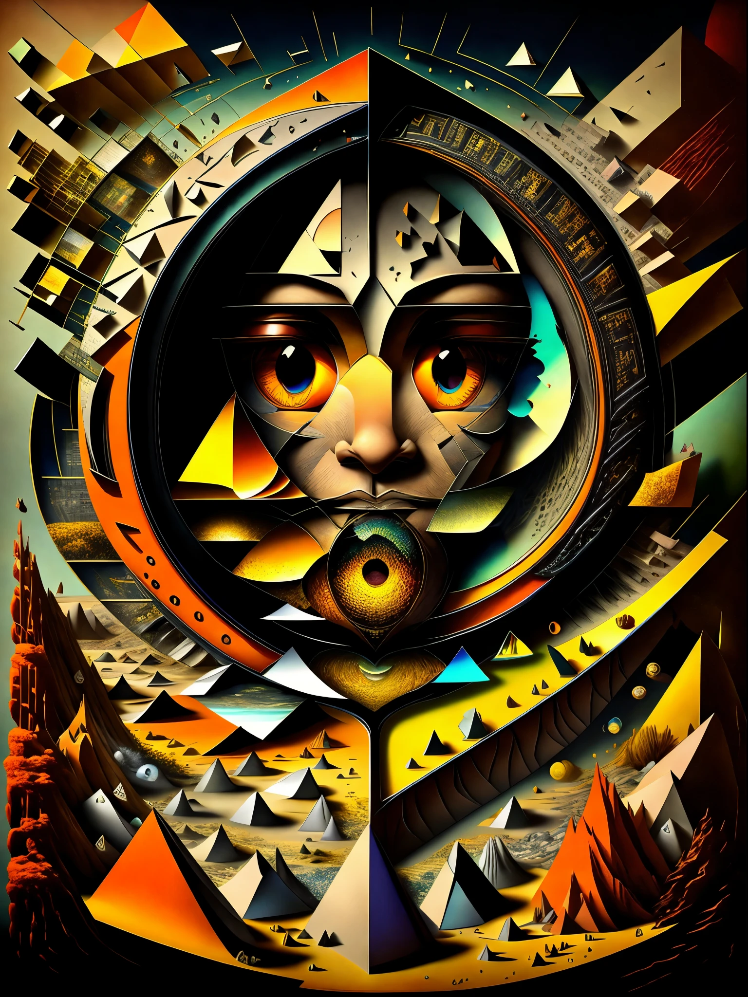 Fractured Visage This abstract portrait fractures the face into a myriad of geometric shapes. The sharp planes slice the visage into triangles, rectangles and parallelograms that overlap in a disjointed symmetry. One eye peeks out from an angled shard while the hint of a nose is visible through a trapezoidal window. The mouth is formed by two intersecting planes, red and orange that convey a sense of warmth. As the polygons overlap, they capture and reflect light across the face, creating an illusory glow and depth. The precisely arranged fractured planes suggest a crystalline, kaleidoscopic vision of the portrait from multiple dimensions simultaneously. The subject's face becomes a prism, refracting their likeness through the complex geometry of cubist abstraction.
