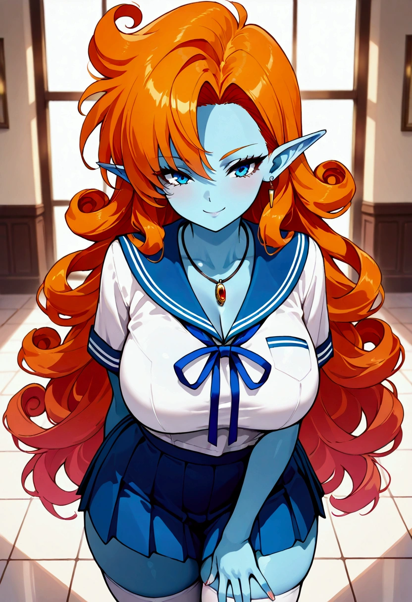 score_9, score_8_up, score_8, big large breasts, (curvy), cute, eyelashes, BREAK, zZangya, blue eyes, blue skin, pointy ears, orange hair, curly hair, long hair, big hair, jewelry, necklace, smile, looking at viewer, eyelashes, blurry, tile floor, white serafuku, ******girl, blue sailor collar, blue ribbon knot, blue skirt, white panties, white thigh highs,  (masterpiece), best quality, high res, HD, 4k, 8k, Detailed Illustration, intricate detail, cinematic lighting, amazing quality, amazing shading, soft lighting, absurdres, newest, bust portrait, upper-body, close-up,  sexy pose, seductive pose, 