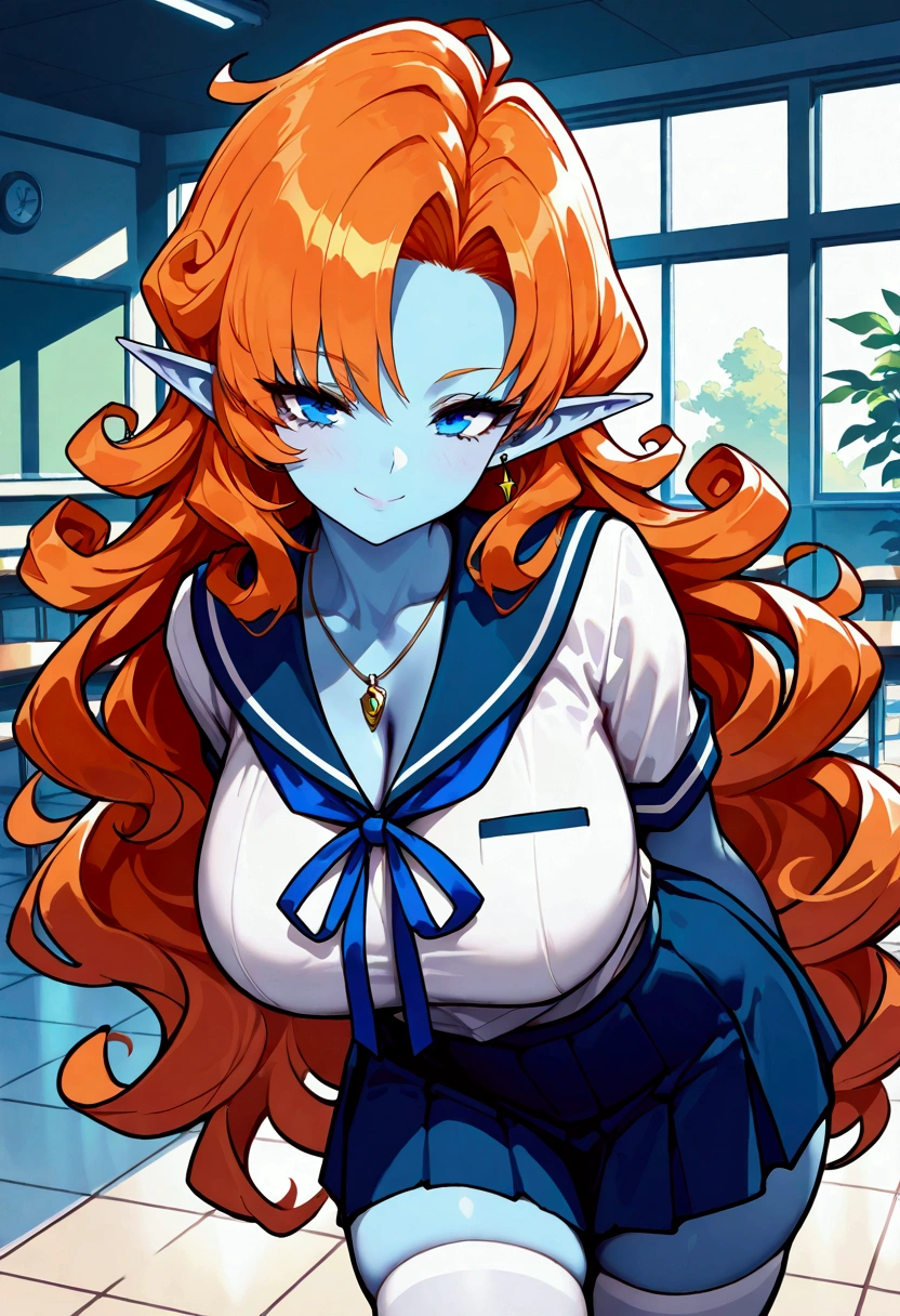 score_9, score_8_up, score_8, big large breasts, (curvy), cute, eyelashes, BREAK, zZangya, blue eyes, blue skin, pointy ears, orange hair, curly hair, long hair, big hair, jewelry, necklace, smile, looking at viewer, eyelashes, blurry, tile floor, white serafuku, girl, blue sailor collar, blue ribbon knot, blue skirt, white panties, white thigh highs,  (masterpiece), best quality, high res, HD, 4k, 8k, Detailed Illustration, intricate detail, cinematic lighting, amazing quality, amazing shading, soft lighting, absurdres, newest, bust portrait, upper-body, close-up,  sexy pose, seductive pose, 