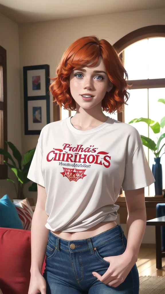 (8k, RAW photo, best quality, masterpiece:1.2),ultra-detailed, (high detailed skin:1.2), 8k uhd, dslr, soft lighting, high quality,  freckles, crimson bob cut, portrait sophia_lillis, woman, bob cut, tshirt, jeans, standing in living room