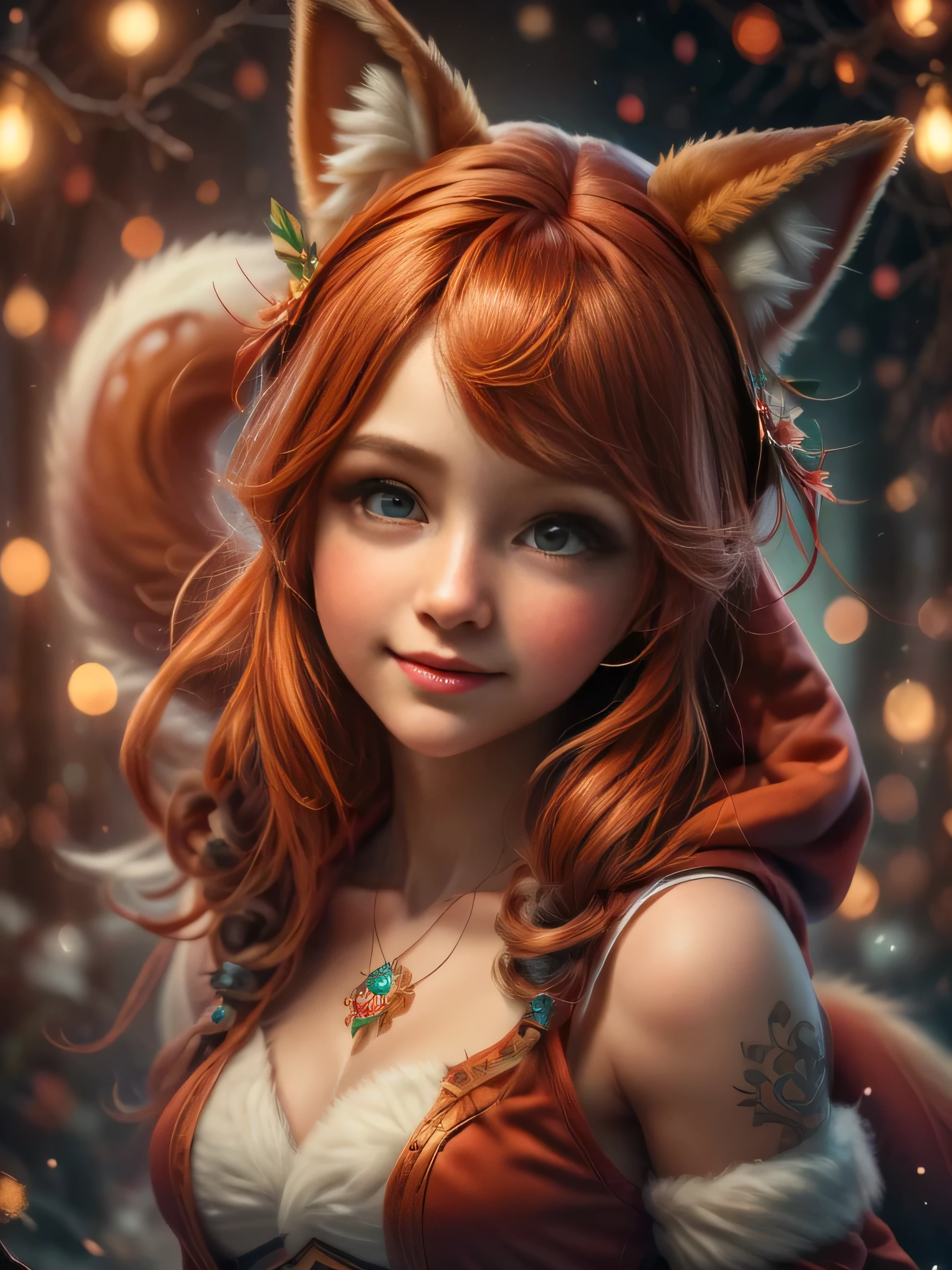 (Best Quality, Super Detail, Masterpiece, Representative Work, Official Art, Professional, Super Fine Detail, 8k:1.3), (Full Body) a doll with red hair and a fox ears, portrait of a goth foxgirl, dollpunk, artdoll, [ trending on cgsociety ]!!, beautiful young foxgirl, wlop loish and clamp style, cgsociety ), cgsociety - w 1 0 2 4 - n 8 - i, cgsociety 9, bjd, cgsociety, Cute girly face, red hair, ((brown)) eyes, 1 girl 25 years old, fox costume, hood, fox tail, furry, girl in furry costume, Vivid colors, Red hair, Innocent expression, Playful features, Christmas background, Natural Lighting, Soft background, Photorealistic, Sparkling eyes, Sharp focus, Glowing skin, Cute and mischievous look, Hint of mischief, Dreamy atmosphere, Delicate details, Soft ambient light, (Backlight:1.3), (Cinematic:1.2), Intricate details, (ArtStation:1.3)