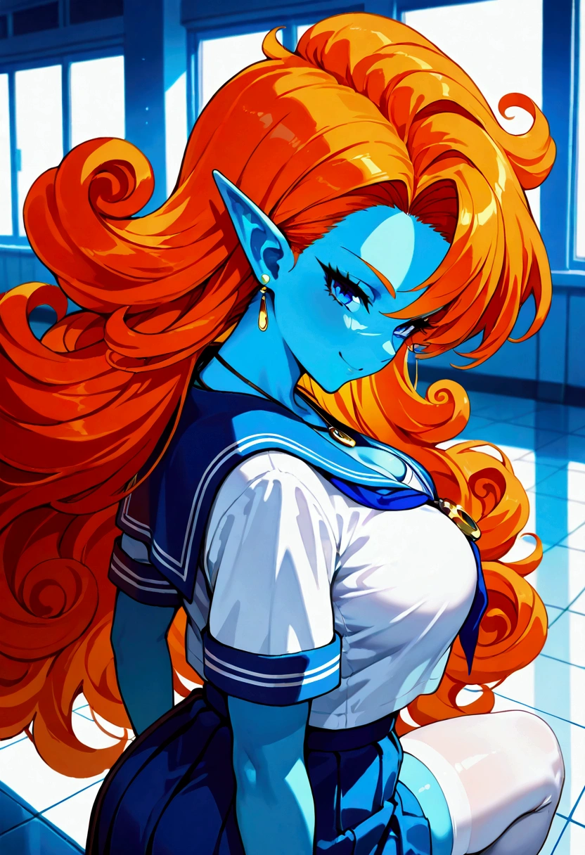 score_9, score_8_up, score_8, big large breasts, (curvy), cute, eyelashes, BREAK, zZangya, blue eyes, blue skin, pointy ears, orange hair, curly hair, long hair, big hair, jewelry, necklace, smile, looking at viewer, eyelashes, blurry, tile floor, white serafuku, girl, blue sailor collar, blue ribbon knot, blue skirt, white panties, white thigh highs,  (masterpiece), best quality, high res, HD, 4k, 8k, Detailed Illustration, intricate detail, cinematic lighting, amazing quality, amazing shading, soft lighting, absurdres, newest, bust portrait, upper-body, close-up,  sexy pose, seductive pose, from behind, back, rear back,