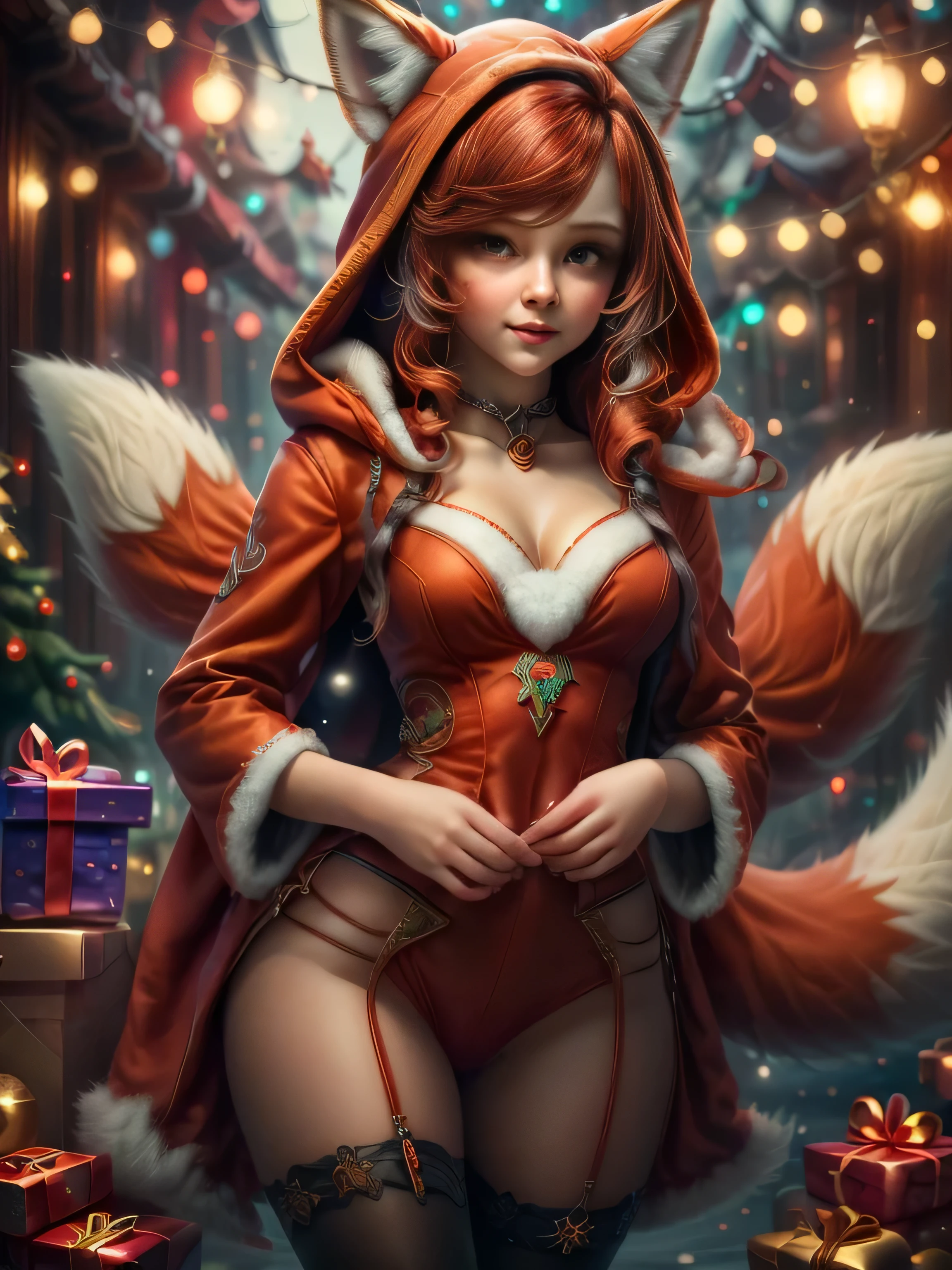 (Best Quality, Super Detail, Masterpiece, Representative Work, Official Art, Professional, Super Fine Detail, 8k:1.3), (Full Body) a doll with red hair and a fox ears, portrait of a goth foxgirl, dollpunk, artdoll, [ trending on cgsociety ]!!, beautiful young foxgirl, wlop loish and clamp style, cgsociety ), cgsociety - w 1 0 2 4 - n 8 - i, cgsociety 9, bjd,  cgsociety, Cute girly face, red hair, ((brown)) eyes, 1 girl 25 years old, fox costume, hood, fox tail, furry, girl in furry costume, Vivid colors, Red hair, Innocent expression, Playful features, Christmas background, Natural Lighting, Soft background, Photorealistic, Sparkling eyes, Sharp focus, Glowing skin, Cute and mischievous look, Hint of mischief, Dreamy atmosphere, Delicate details, Soft ambient light, (Backlight:1.3), (Cinematic:1.2), Intricate details, (ArtStation:1.3)