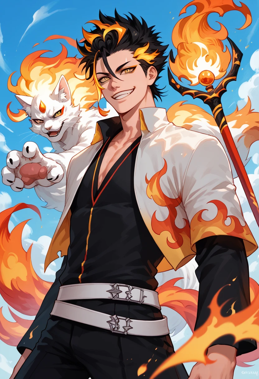 man, flaming hair, white skin, anime style, fire powers, yellow eyes, black hair, spiky hair, sky, smile, kitsune style, strong, cat eyes, fire staff, Grimmjow